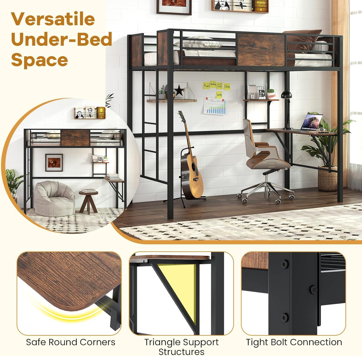 image:imageGiantex Twin Loft Bed with Desk HeavyDuty Metal Bed Frame wSafety Guardrail Ladder amp Storage Shelf 485 LBS Load SpaceSaving Lofted Twin Bed with Stairs for Teens Adults No Box Spring Needed