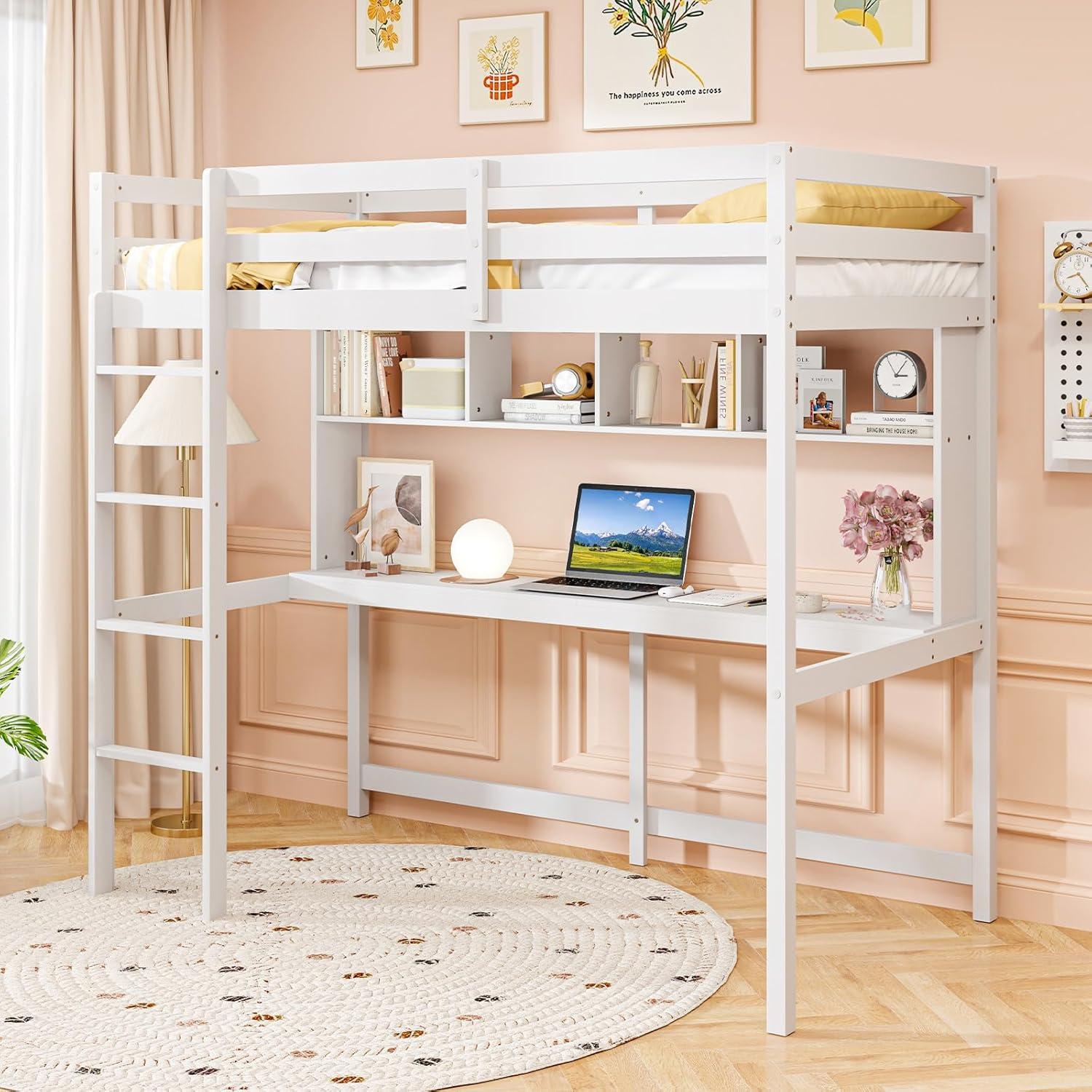 image:imageGiantex Twin Loft Bed with Desk amp Bookcase Solid Wood Loft Bed Frame wSafety Guardrails amp Ladder SpaceSaving Twin Size Bed Frame with Storage for Home Dorm Apartment No Box Spring Needed White