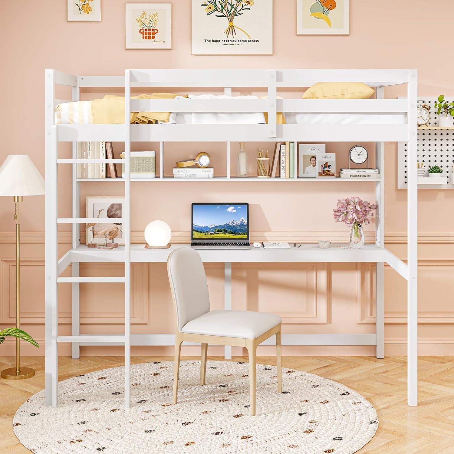 image:imageGiantex Twin Loft Bed with Desk amp Bookcase Solid Wood Loft Bed Frame wSafety Guardrails amp Ladder SpaceSaving Twin Size Bed Frame with Storage for Home Dorm Apartment No Box Spring Needed White