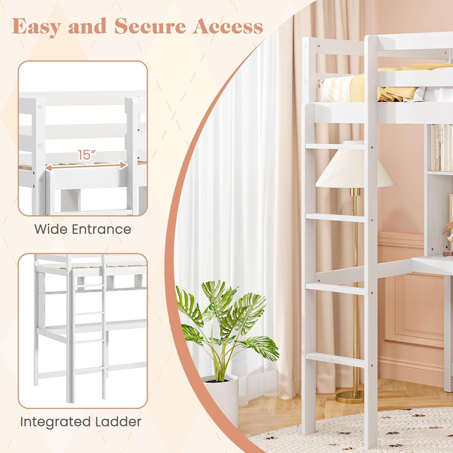 image:imageGiantex Twin Loft Bed with Desk amp Bookcase Solid Wood Loft Bed Frame wSafety Guardrails amp Ladder SpaceSaving Twin Size Bed Frame with Storage for Home Dorm Apartment No Box Spring Needed White