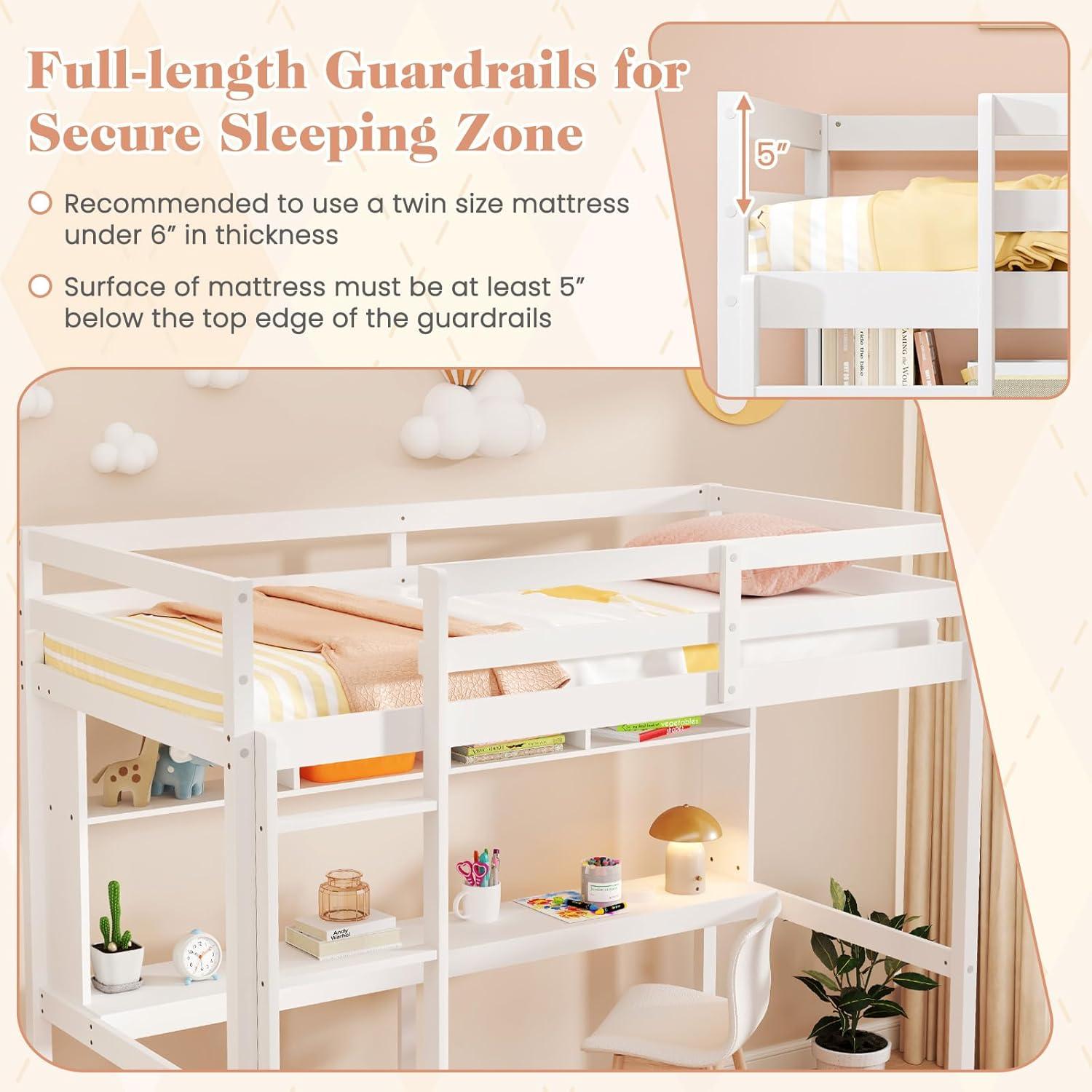 image:imageGiantex Twin Loft Bed with Desk amp Bookcase Solid Wood Loft Bed Frame wSafety Guardrails amp Ladder SpaceSaving Twin Size Bed Frame with Storage for Home Dorm Apartment No Box Spring Needed White