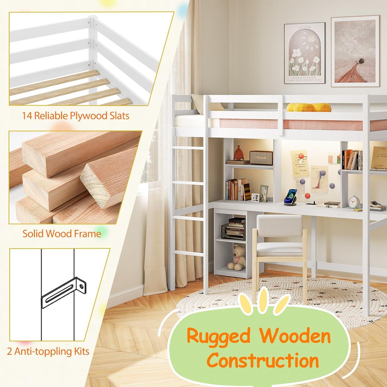 image:imageGiantex Twin Loft Bed with Desk amp Hutch Wooden Loft Bed wLED Light amp Charging Station Safety Guardrails amp Ladder Twin Bed Frame wStorage Shelves for Dorm Apartment No Box Spring Needed White