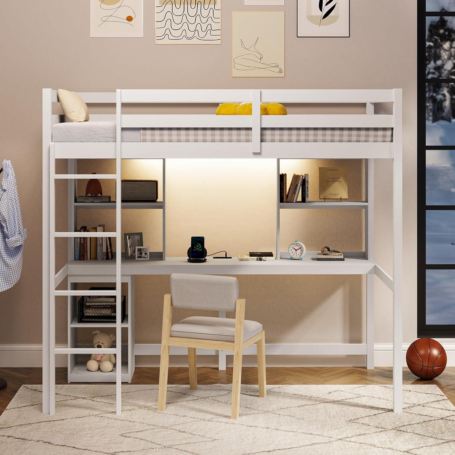 image:imageGiantex Twin Loft Bed with Desk amp Hutch Wooden Loft Bed wLED Light amp Charging Station Safety Guardrails amp Ladder Twin Bed Frame wStorage Shelves for Dorm Apartment No Box Spring Needed White