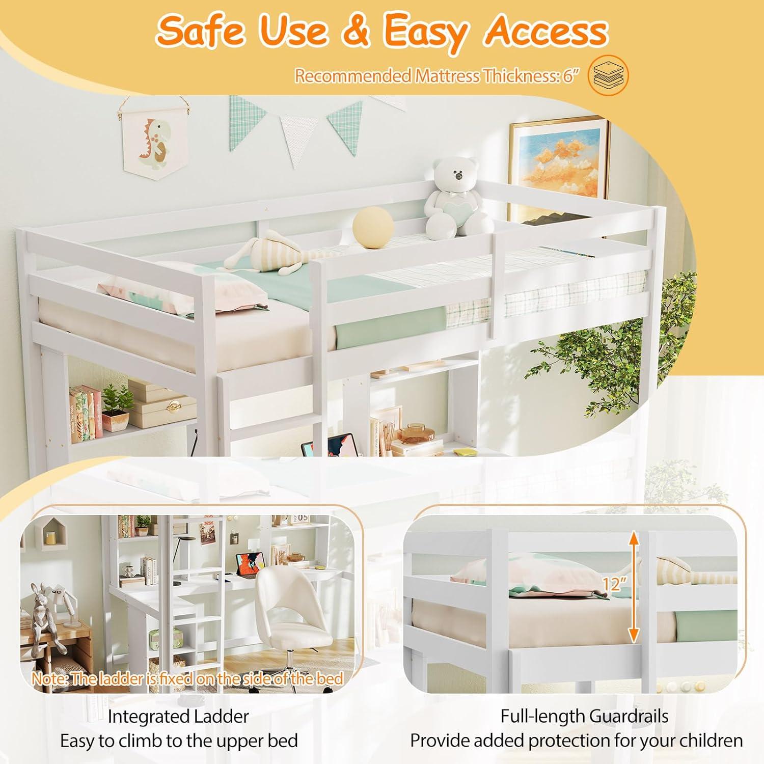 image:imageGiantex Twin Loft Bed with Desk amp Hutch Wooden Loft Bed wLED Light amp Charging Station Safety Guardrails amp Ladder Twin Bed Frame wStorage Shelves for Dorm Apartment No Box Spring Needed White