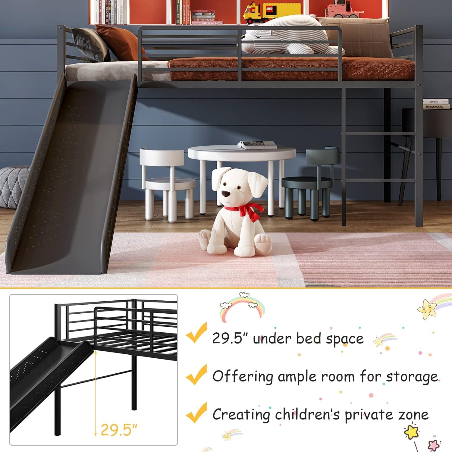 image:imageGiantex Twin Loft Bed with Slide Metal Low Bunk Bed wSafety Guardrails amp Builtin Ladder Toddler Bed Floor Frame for Boys amp Girls No Box Spring Needed BlackBlack