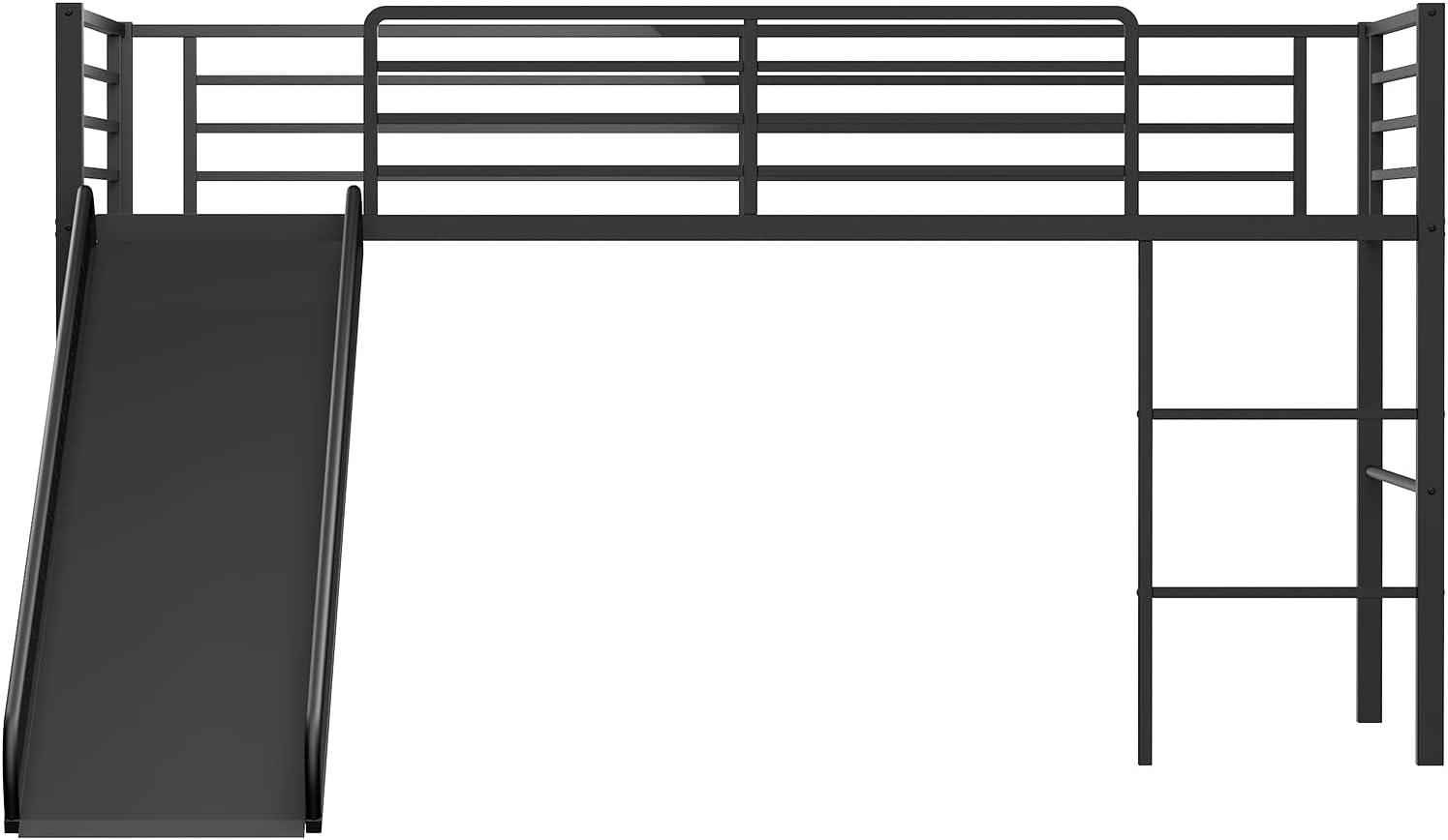 image:imageGiantex Twin Loft Bed with Slide Metal Low Bunk Bed wSafety Guardrails amp Builtin Ladder Toddler Bed Floor Frame for Boys amp Girls No Box Spring Needed BlackBlack