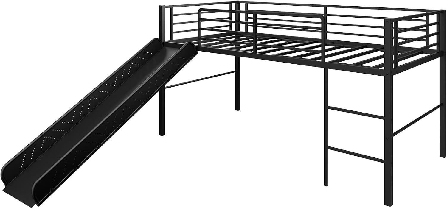 image:imageGiantex Twin Loft Bed with Slide Metal Low Bunk Bed wSafety Guardrails amp Builtin Ladder Toddler Bed Floor Frame for Boys amp Girls No Box Spring Needed BlackBlack