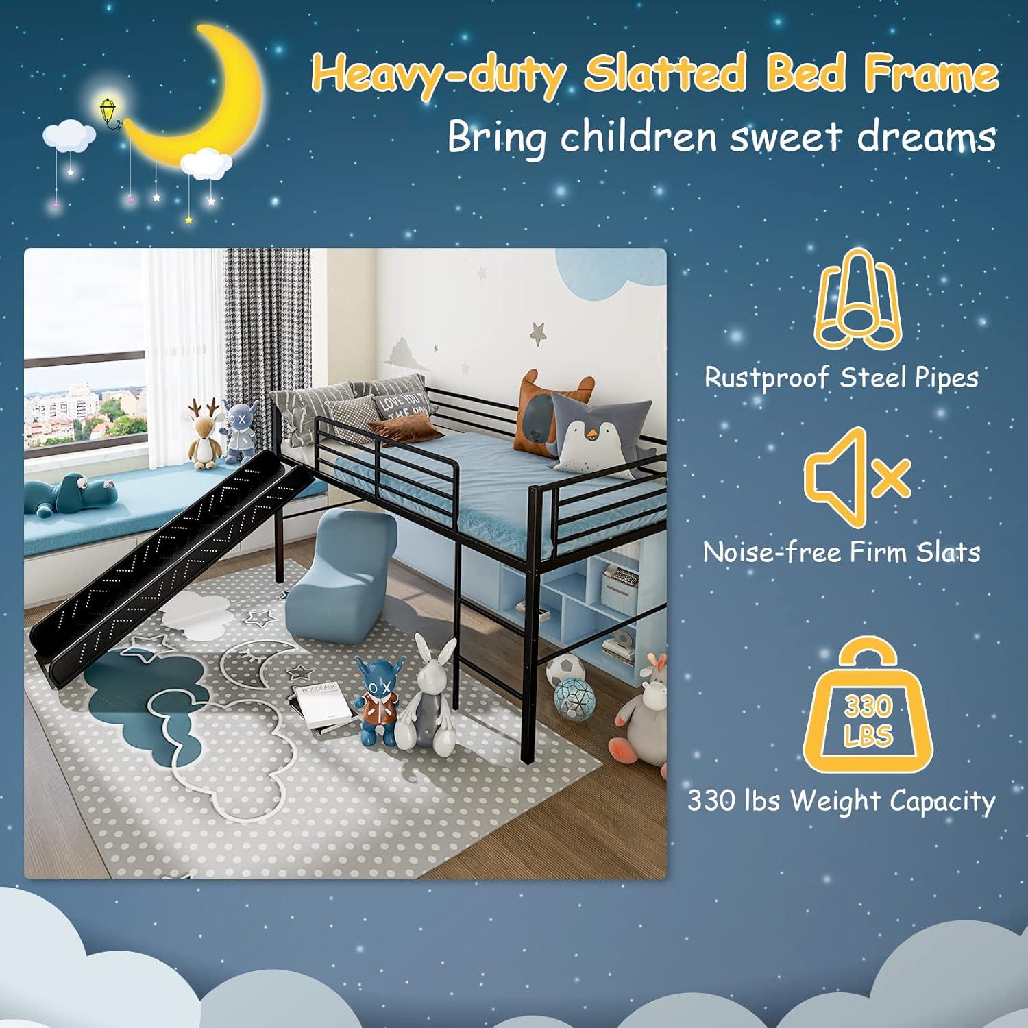 image:imageGiantex Twin Loft Bed with Slide Metal Low Bunk Bed wSafety Guardrails amp Builtin Ladder Toddler Bed Floor Frame for Boys amp Girls No Box Spring Needed BlackBlack