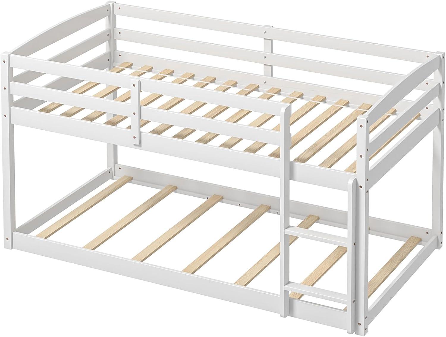 image:imageGiantex Twin Low Bunk Bed Solid Wood Twin Over Twin Bunk Bed Frame with Full Guardrails amp Integrated Ladder Floor Twin Bunk Beds for Kids Boys and Girls No Box Spring Needed WhiteWhite