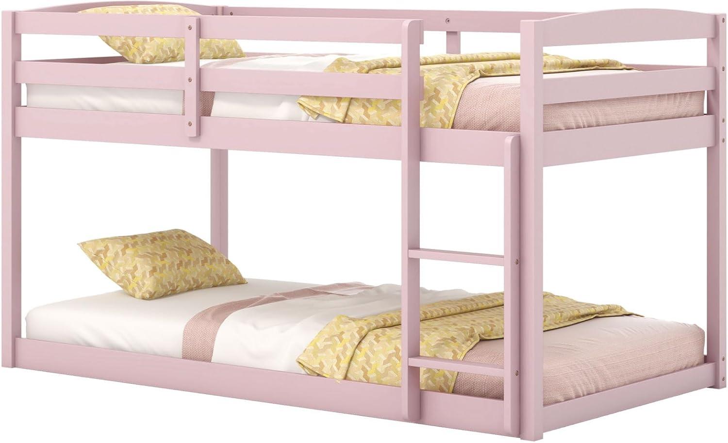 image:imageGiantex Twin Low Bunk Bed Solid Wood Twin Over Twin Bunk Bed Frame with Full Guardrails amp Integrated Ladder Floor Twin Bunk Beds for Kids Boys and Girls No Box Spring Needed WhitePink