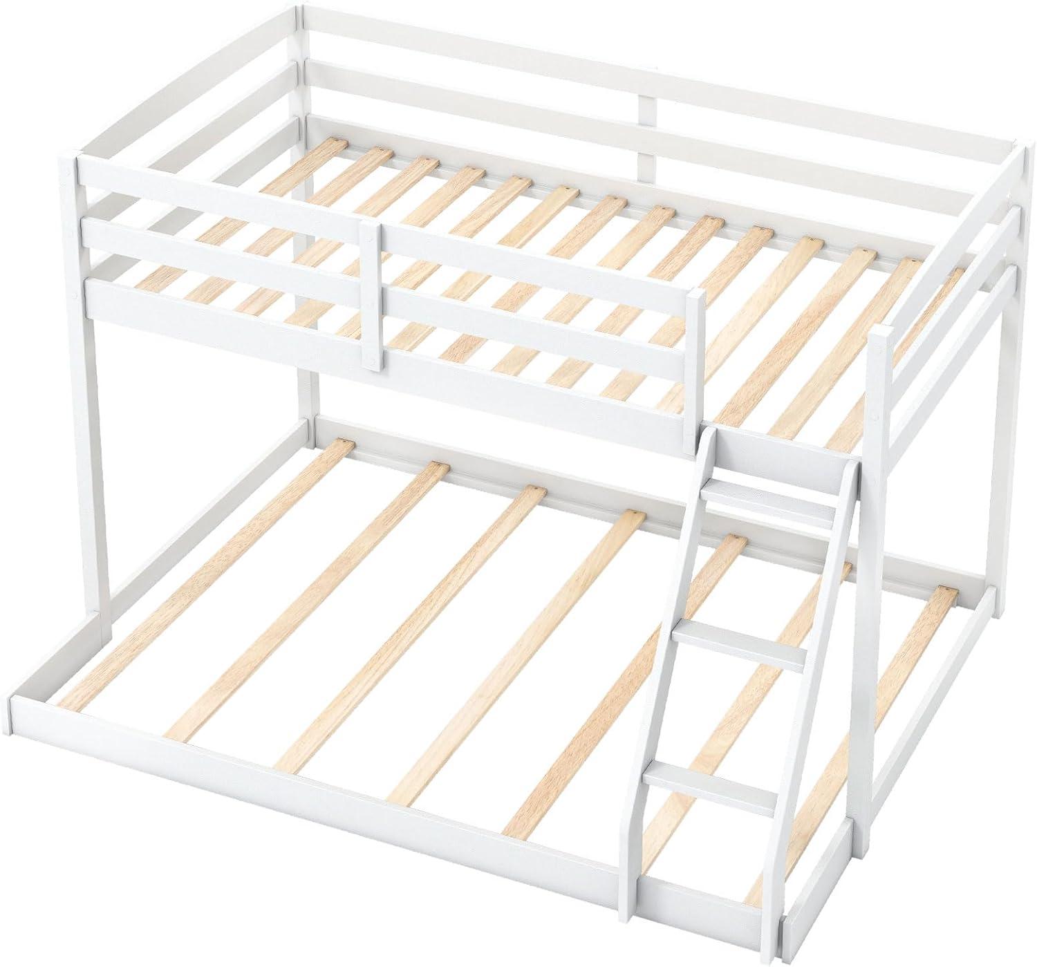 image:imageGiantex Twin Low Bunk Bed Solid Wood Twin Over Twin Bunk Bed Frame with Full Guardrails amp Integrated Ladder Floor Twin Bunk Beds for Kids Boys and Girls No Box Spring Needed WhiteWhite