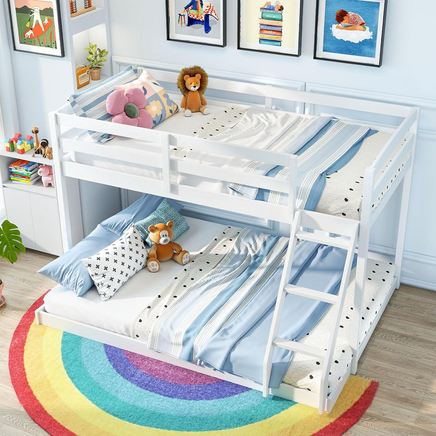 image:imageGiantex Twin Low Bunk Bed Solid Wood Twin Over Twin Bunk Bed Frame with Full Guardrails amp Integrated Ladder Floor Twin Bunk Beds for Kids Boys and Girls No Box Spring Needed WhiteWhite