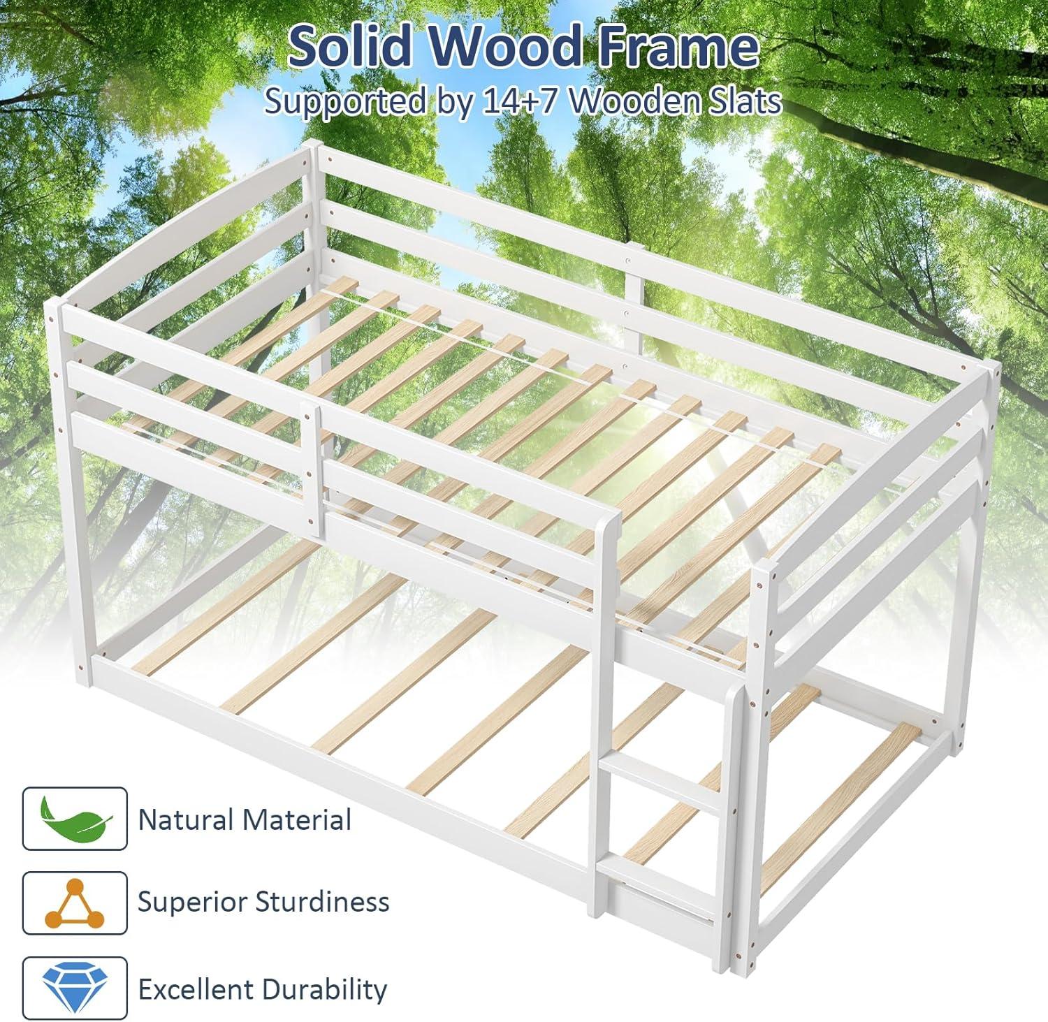 image:imageGiantex Twin Low Bunk Bed Solid Wood Twin Over Twin Bunk Bed Frame with Full Guardrails amp Integrated Ladder Floor Twin Bunk Beds for Kids Boys and Girls No Box Spring Needed WhiteWhite