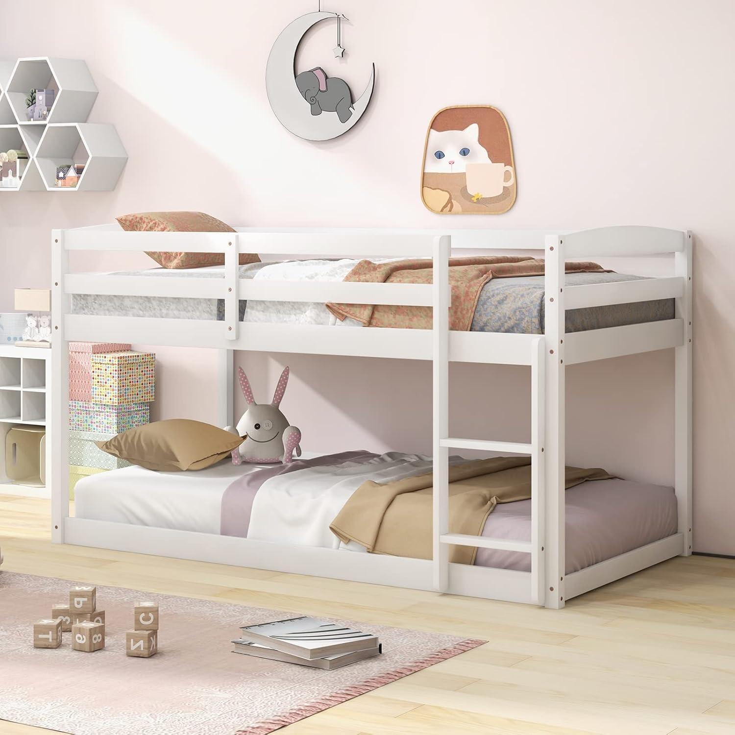 image:imageGiantex Twin Low Bunk Bed Solid Wood Twin Over Twin Bunk Bed Frame with Full Guardrails amp Integrated Ladder Floor Twin Bunk Beds for Kids Boys and Girls No Box Spring Needed WhiteWhite