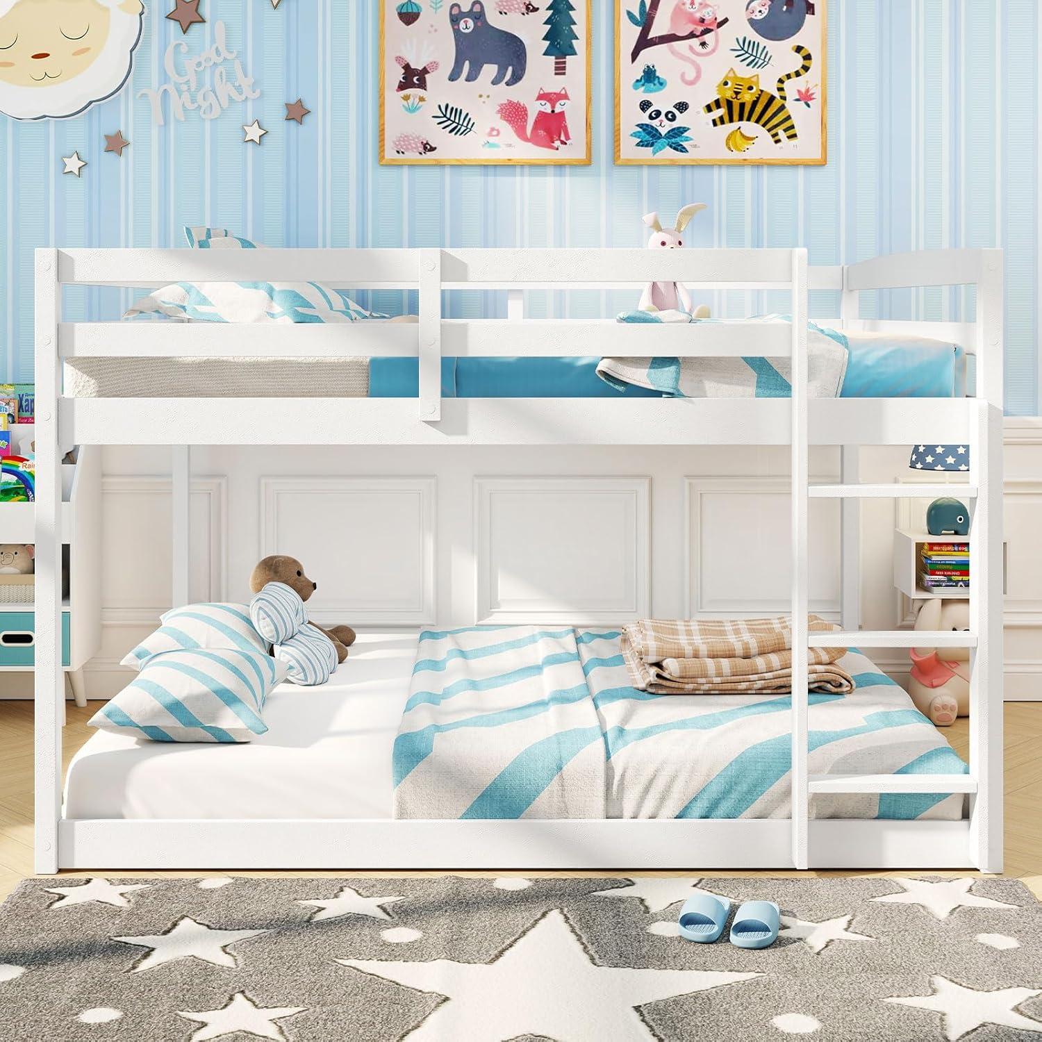 image:imageGiantex Twin Low Bunk Bed Solid Wood Twin Over Twin Bunk Bed Frame with Full Guardrails amp Integrated Ladder Floor Twin Bunk Beds for Kids Boys and Girls No Box Spring Needed WhiteWhite