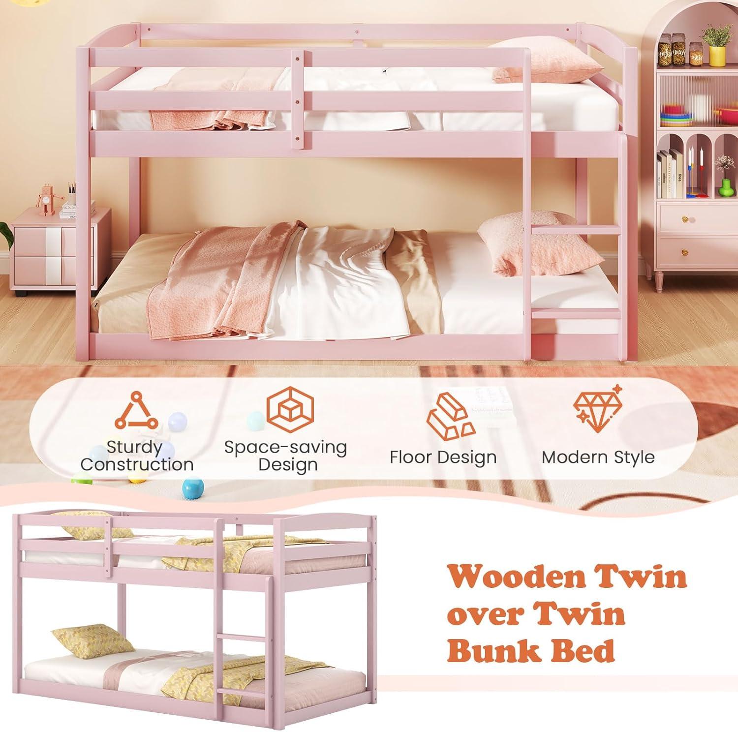 image:imageGiantex Twin Low Bunk Bed Solid Wood Twin Over Twin Bunk Bed Frame with Full Guardrails amp Integrated Ladder Floor Twin Bunk Beds for Kids Boys and Girls No Box Spring Needed WhitePink