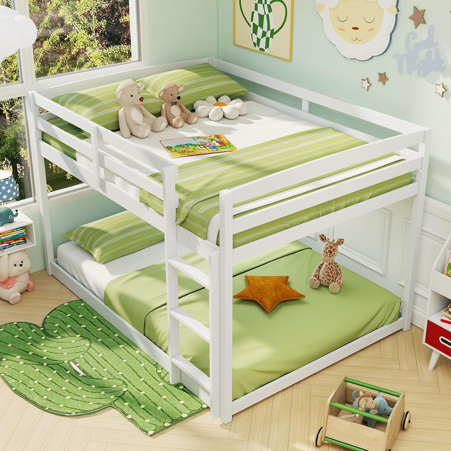 image:imageGiantex Twin Low Bunk Bed Solid Wood Twin Over Twin Bunk Bed Frame with Full Guardrails amp Integrated Ladder Floor Twin Bunk Beds for Kids Boys and Girls No Box Spring Needed WhiteWhite
