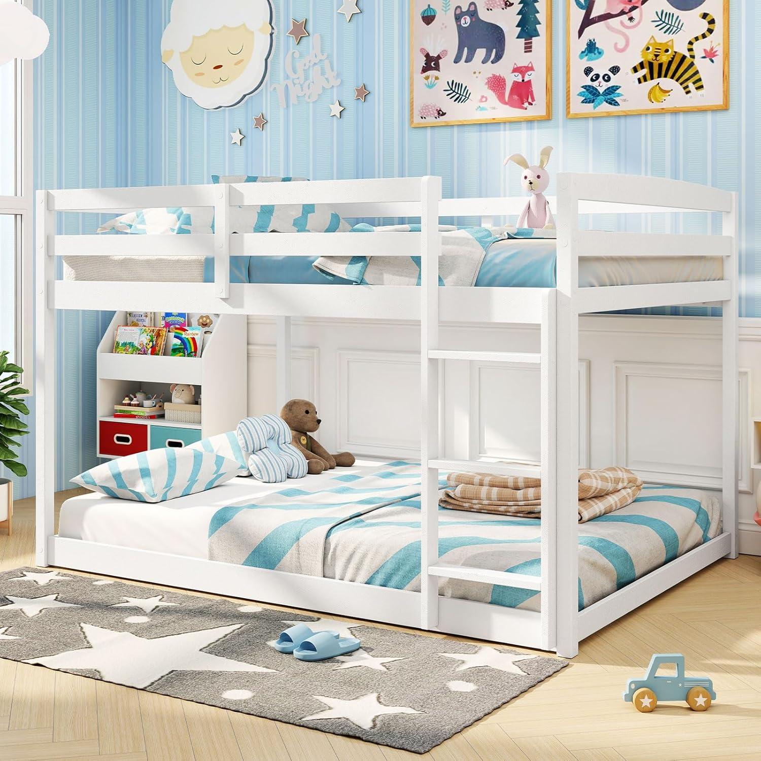 image:imageGiantex Twin Low Bunk Bed Solid Wood Twin Over Twin Bunk Bed Frame with Full Guardrails amp Integrated Ladder Floor Twin Bunk Beds for Kids Boys and Girls No Box Spring Needed WhiteWhite