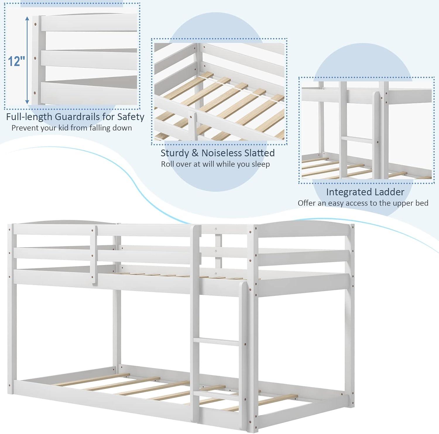 image:imageGiantex Twin Low Bunk Bed Solid Wood Twin Over Twin Bunk Bed Frame with Full Guardrails amp Integrated Ladder Floor Twin Bunk Beds for Kids Boys and Girls No Box Spring Needed WhiteWhite