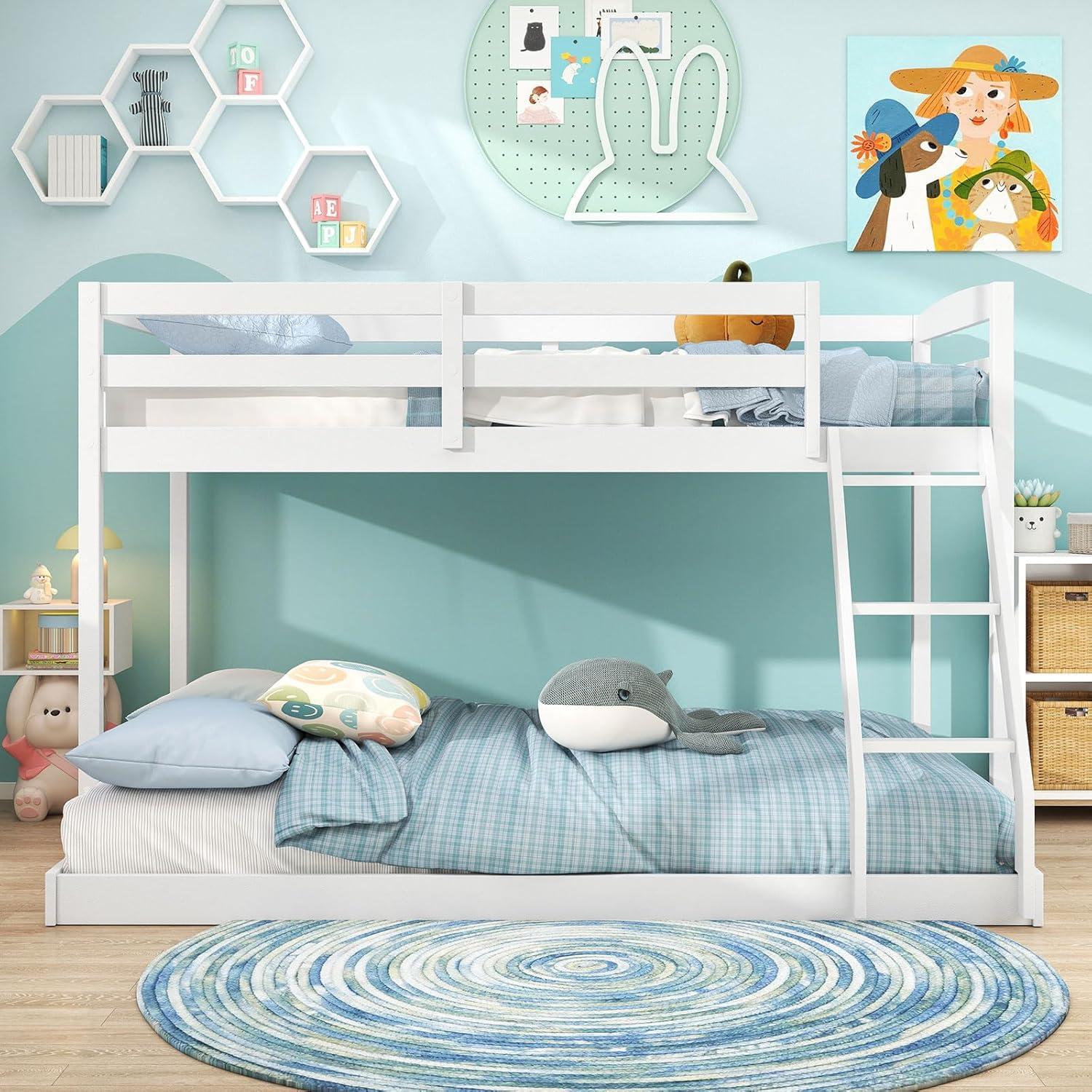 image:imageGiantex Twin Low Bunk Bed Solid Wood Twin Over Twin Bunk Bed Frame with Full Guardrails amp Integrated Ladder Floor Twin Bunk Beds for Kids Boys and Girls No Box Spring Needed WhiteWhite