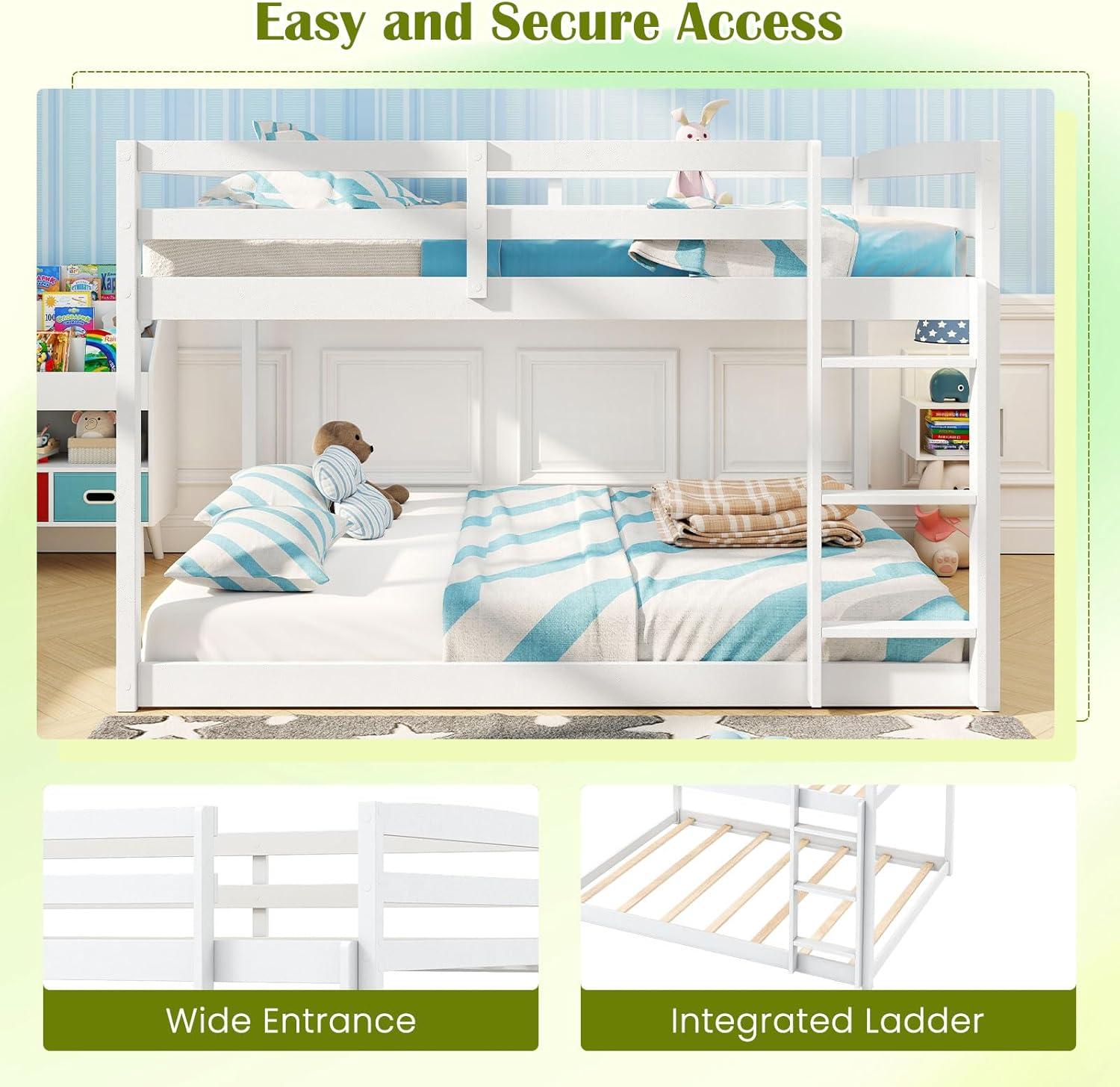 image:imageGiantex Twin Low Bunk Bed Solid Wood Twin Over Twin Bunk Bed Frame with Full Guardrails amp Integrated Ladder Floor Twin Bunk Beds for Kids Boys and Girls No Box Spring Needed WhiteWhite
