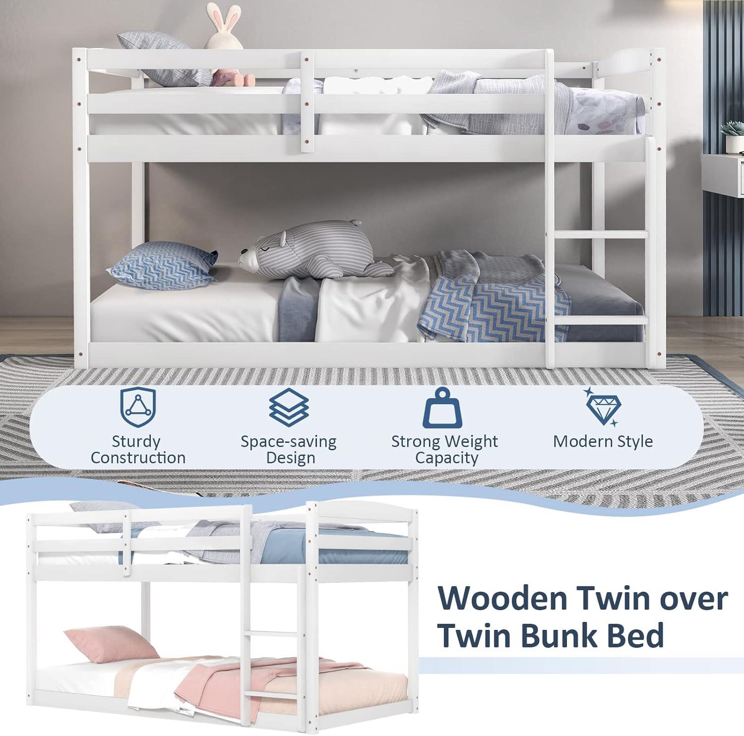 image:imageGiantex Twin Low Bunk Bed Solid Wood Twin Over Twin Bunk Bed Frame with Full Guardrails amp Integrated Ladder Floor Twin Bunk Beds for Kids Boys and Girls No Box Spring Needed WhiteWhite
