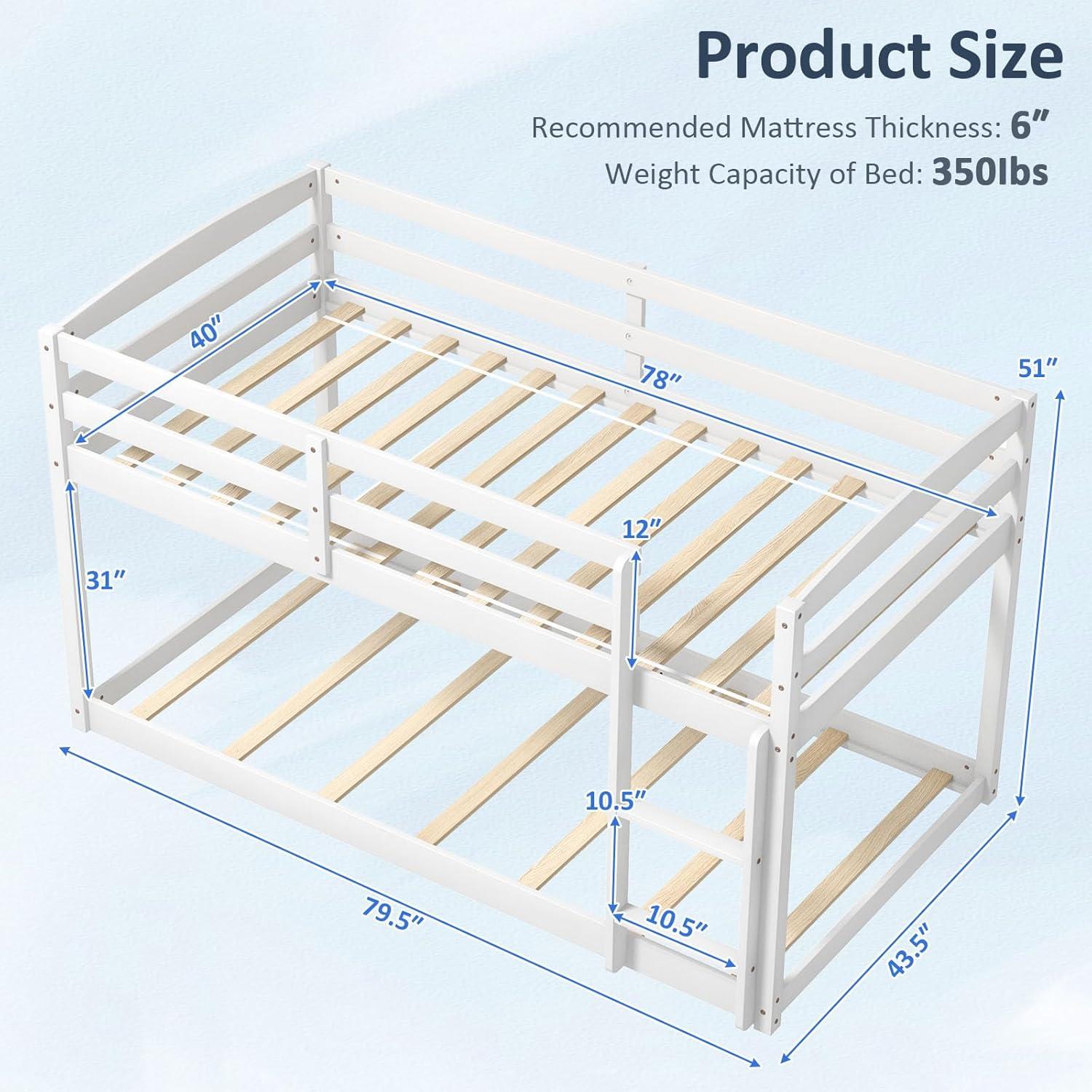 image:imageGiantex Twin Low Bunk Bed Solid Wood Twin Over Twin Bunk Bed Frame with Full Guardrails amp Integrated Ladder Floor Twin Bunk Beds for Kids Boys and Girls No Box Spring Needed WhiteWhite