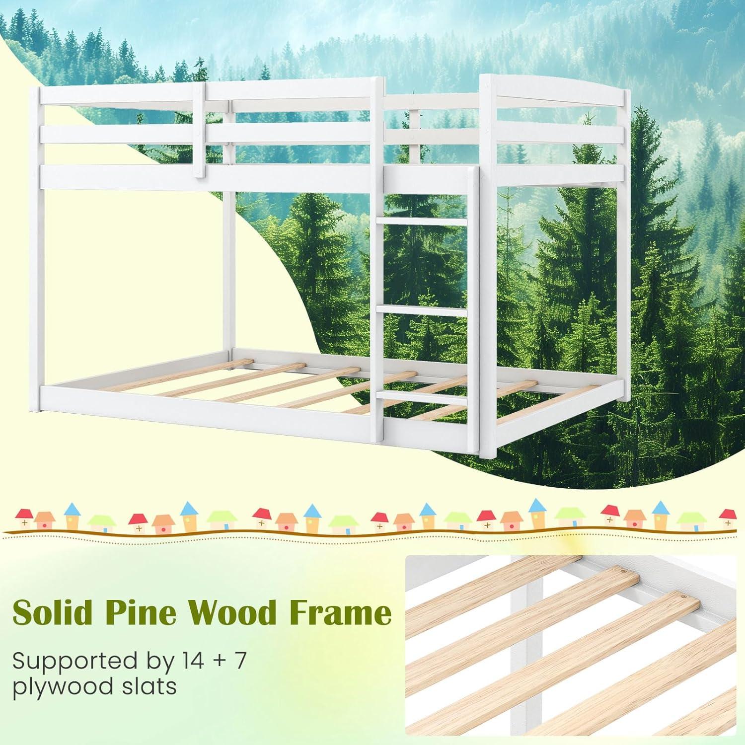 image:imageGiantex Twin Low Bunk Bed Solid Wood Twin Over Twin Bunk Bed Frame with Full Guardrails amp Integrated Ladder Floor Twin Bunk Beds for Kids Boys and Girls No Box Spring Needed WhiteWhite