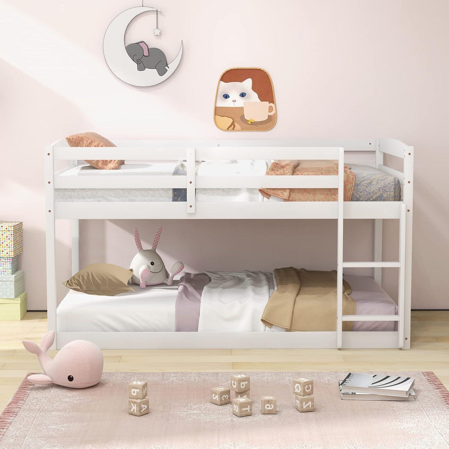 image:imageGiantex Twin Low Bunk Bed Solid Wood Twin Over Twin Bunk Bed Frame with Full Guardrails amp Integrated Ladder Floor Twin Bunk Beds for Kids Boys and Girls No Box Spring Needed WhiteWhite