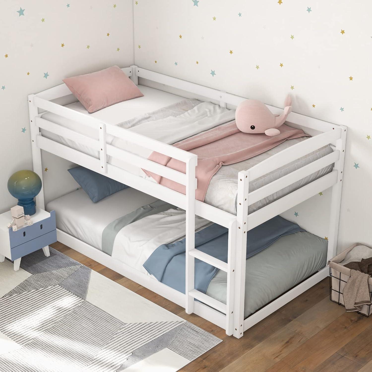 image:imageGiantex Twin Low Bunk Bed Solid Wood Twin Over Twin Bunk Bed Frame with Full Guardrails amp Integrated Ladder Floor Twin Bunk Beds for Kids Boys and Girls No Box Spring Needed WhiteWhite