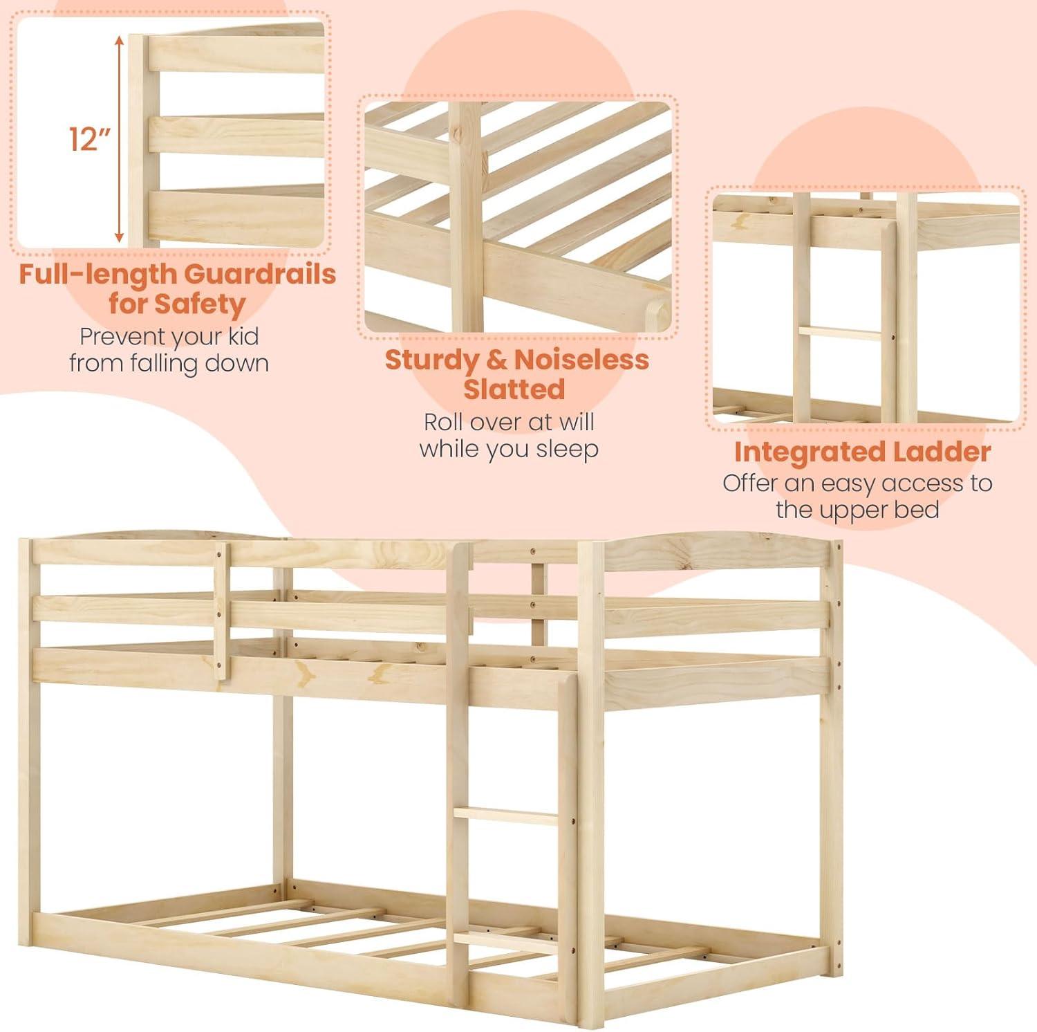 image:imageGiantex Twin Low Bunk Bed Solid Wood Twin Over Twin Bunk Bed Frame with Full Guardrails amp Integrated Ladder Floor Twin Bunk Beds for Kids Boys and Girls No Box Spring Needed WhiteNatural