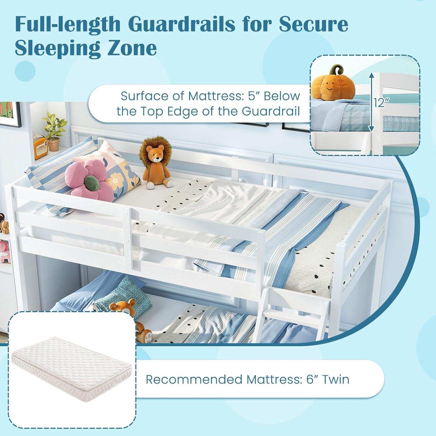 image:imageGiantex Twin Low Bunk Bed Solid Wood Twin Over Twin Bunk Bed Frame with Full Guardrails amp Integrated Ladder Floor Twin Bunk Beds for Kids Boys and Girls No Box Spring Needed WhiteWhite