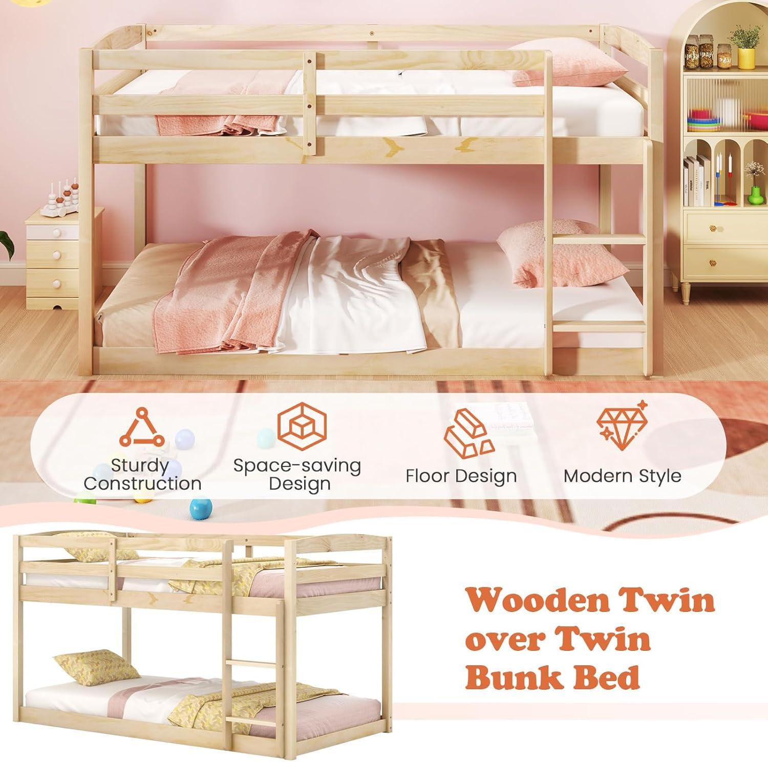 image:imageGiantex Twin Low Bunk Bed Solid Wood Twin Over Twin Bunk Bed Frame with Full Guardrails amp Integrated Ladder Floor Twin Bunk Beds for Kids Boys and Girls No Box Spring Needed WhiteNatural