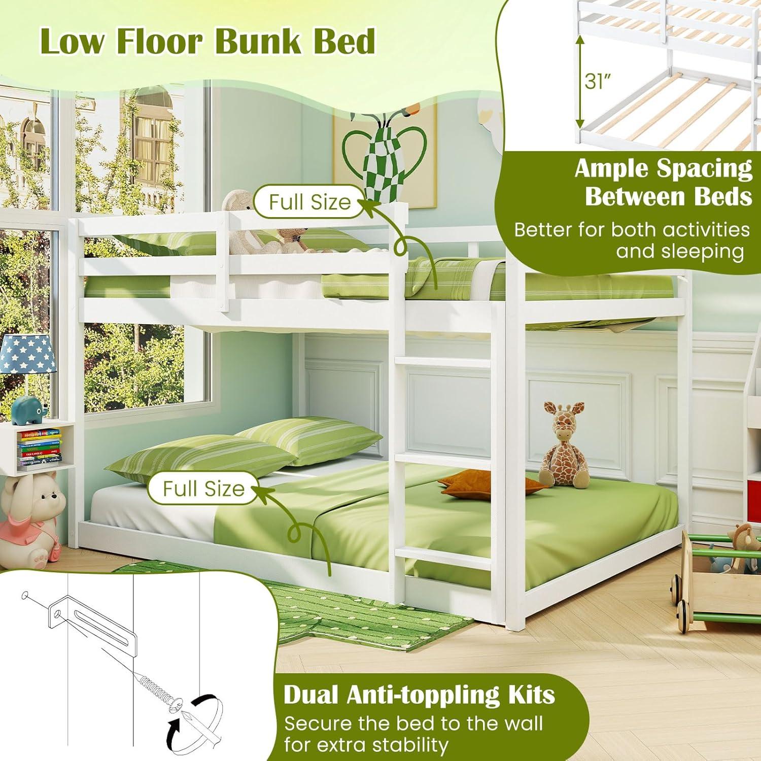 image:imageGiantex Twin Low Bunk Bed Solid Wood Twin Over Twin Bunk Bed Frame with Full Guardrails amp Integrated Ladder Floor Twin Bunk Beds for Kids Boys and Girls No Box Spring Needed WhiteWhite