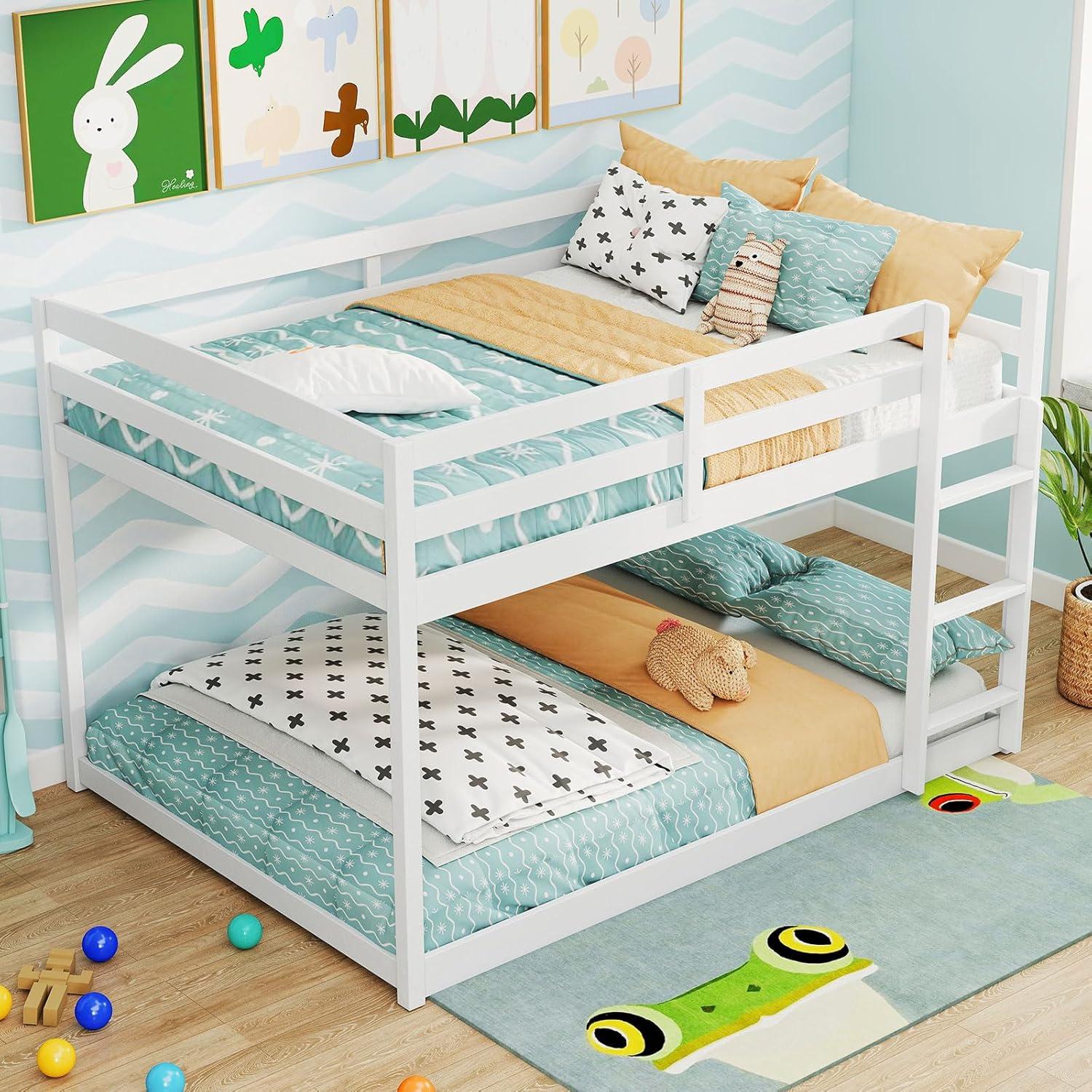 image:imageGiantex Twin Low Bunk Bed Solid Wood Twin Over Twin Bunk Bed Frame with Full Guardrails amp Integrated Ladder Floor Twin Bunk Beds for Kids Boys and Girls No Box Spring Needed WhiteWhite