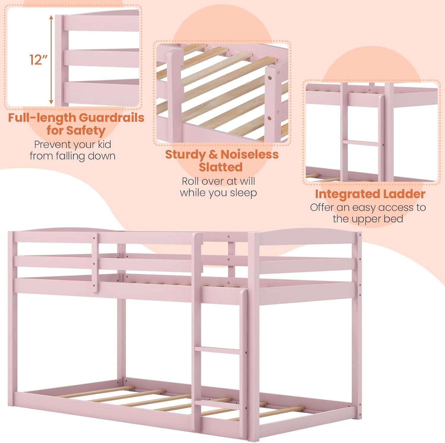 image:imageGiantex Twin Low Bunk Bed Solid Wood Twin Over Twin Bunk Bed Frame with Full Guardrails amp Integrated Ladder Floor Twin Bunk Beds for Kids Boys and Girls No Box Spring Needed WhitePink