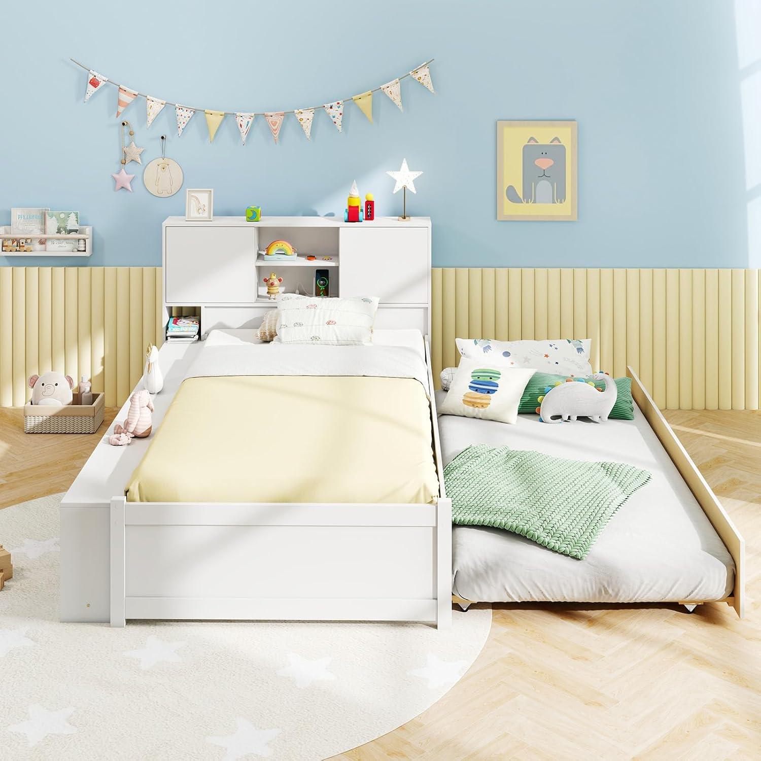 image:imageGiantex Twin Size Bed Frame with Trundle and Bookcase Headboard Wooden Platform Bed wCharging Station 5 Cube Storage Shelves Twin Bed Frames for Kids Teens Adults No Box Spring Needed White