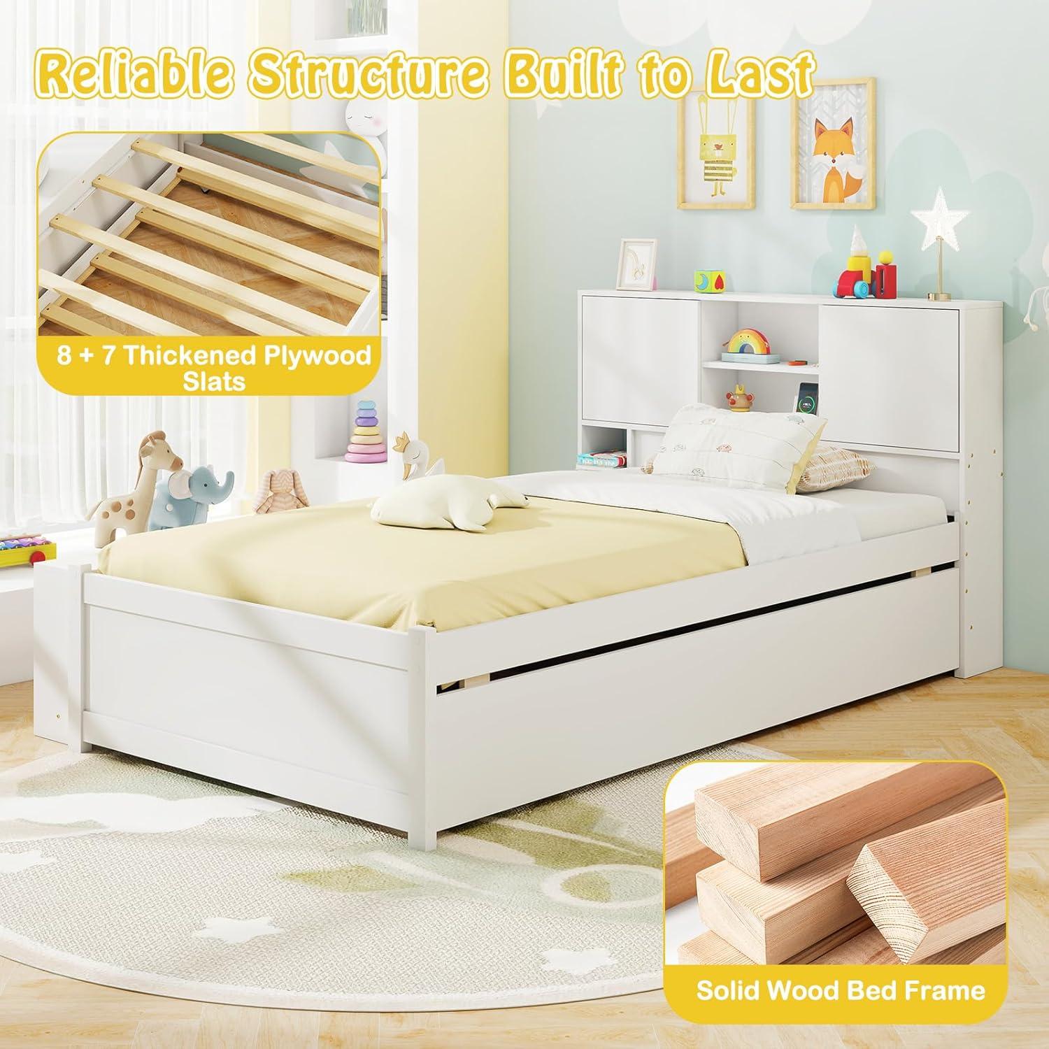 image:imageGiantex Twin Size Bed Frame with Trundle and Bookcase Headboard Wooden Platform Bed wCharging Station 5 Cube Storage Shelves Twin Bed Frames for Kids Teens Adults No Box Spring Needed White