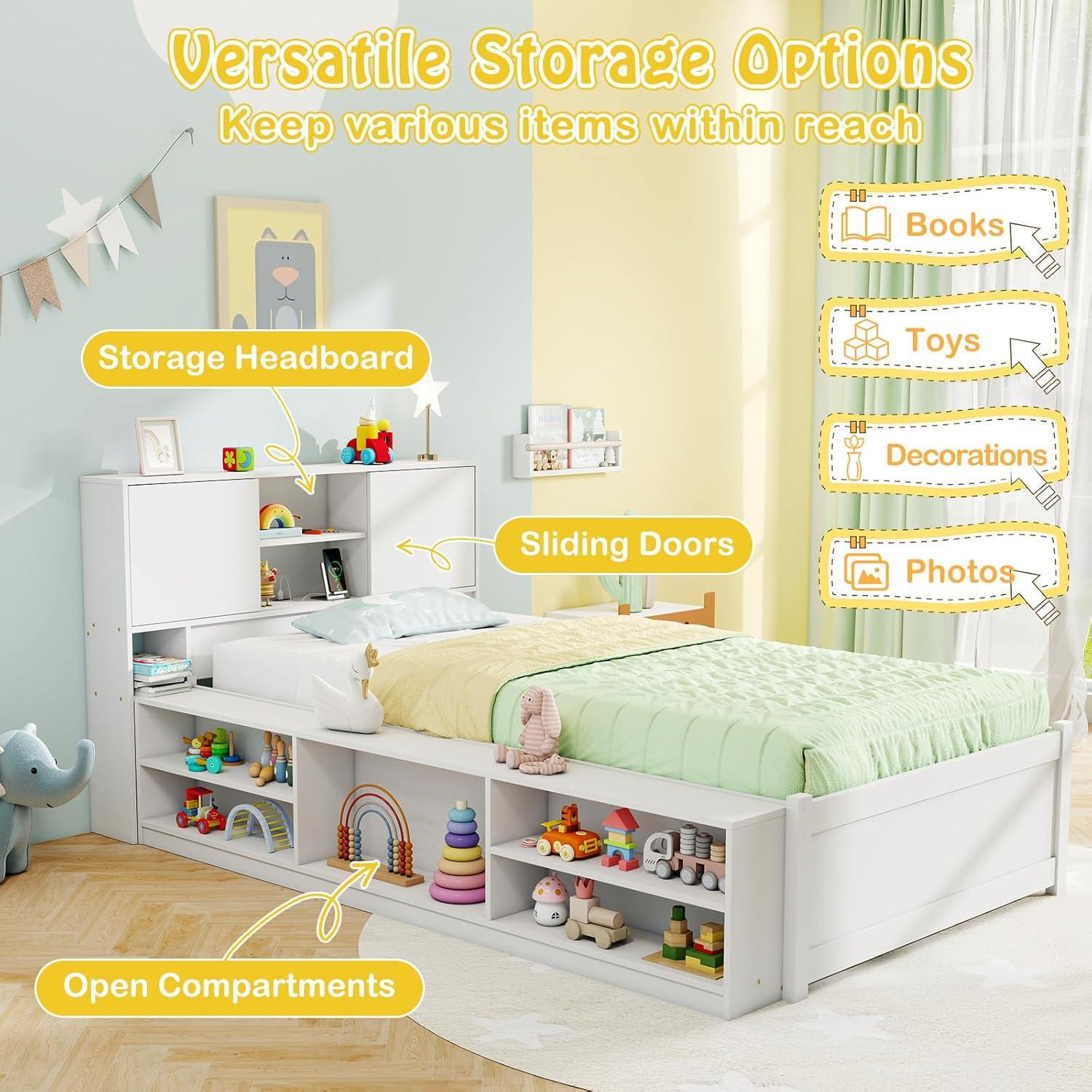 image:imageGiantex Twin Size Bed Frame with Trundle and Bookcase Headboard Wooden Platform Bed wCharging Station 5 Cube Storage Shelves Twin Bed Frames for Kids Teens Adults No Box Spring Needed White
