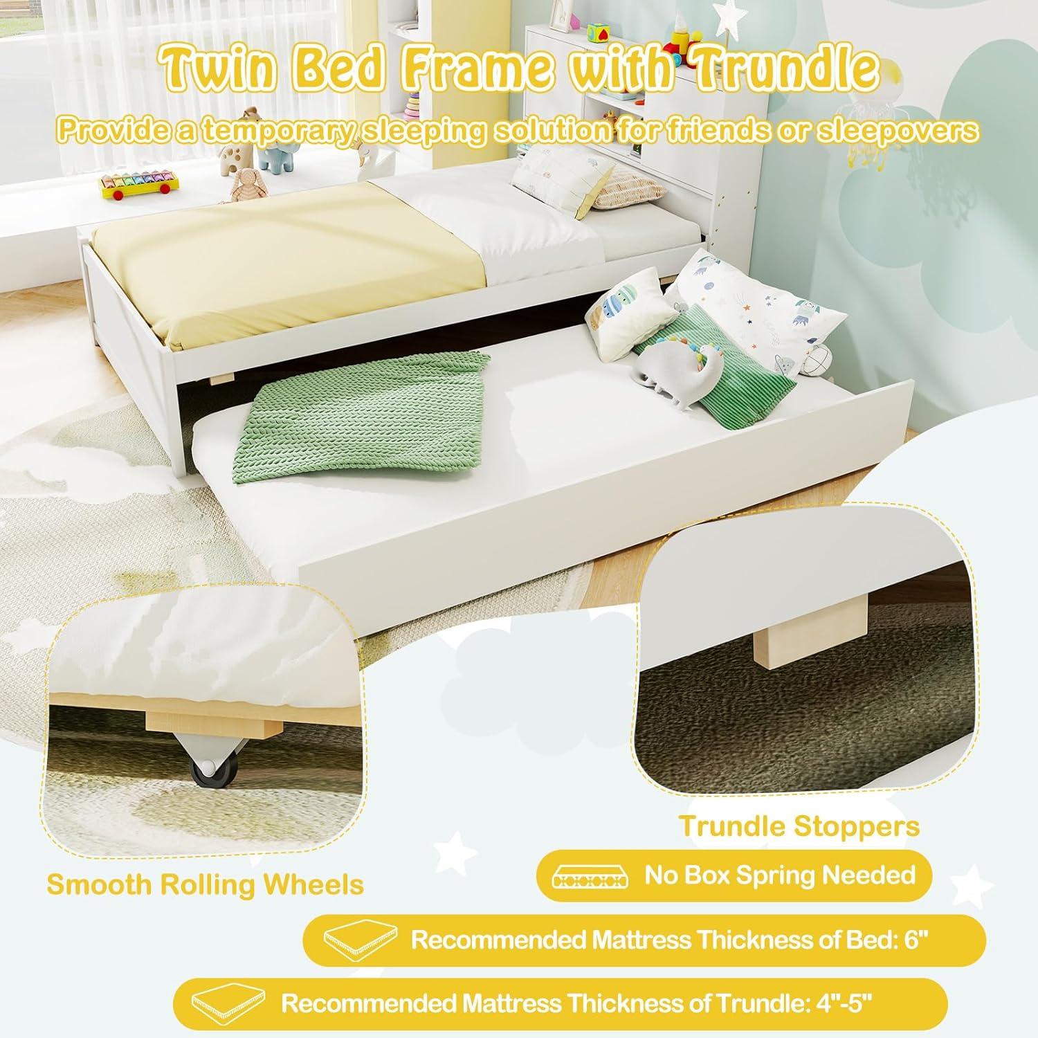 image:imageGiantex Twin Size Bed Frame with Trundle and Bookcase Headboard Wooden Platform Bed wCharging Station 5 Cube Storage Shelves Twin Bed Frames for Kids Teens Adults No Box Spring Needed White