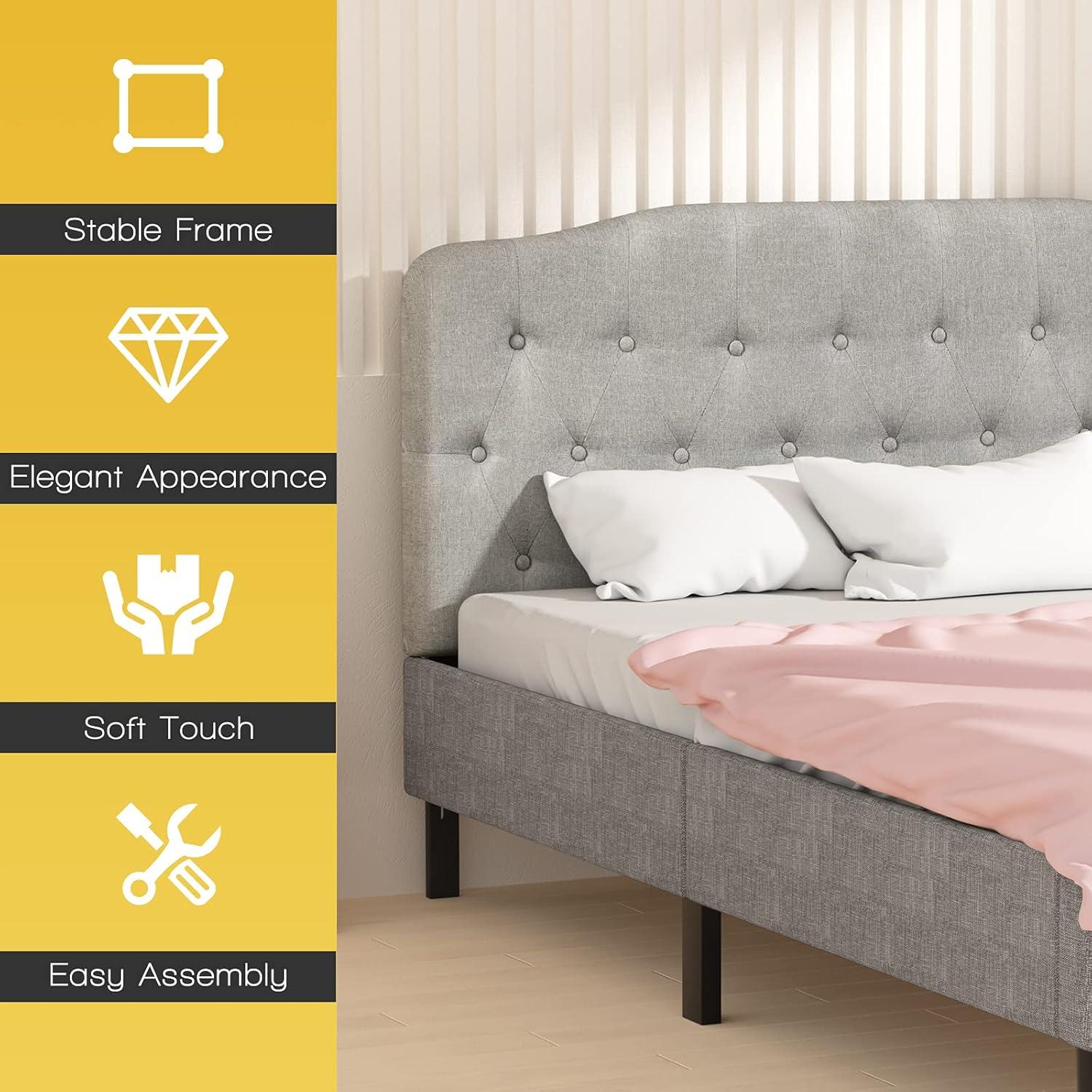 image:imageGiantex Upholstered Headboard Button Tufted Headboard Queen Size Adjustable Height from 38 to 53 Platform Easy Assembly Modern Fabric Furniture for Bedroom Light Grey