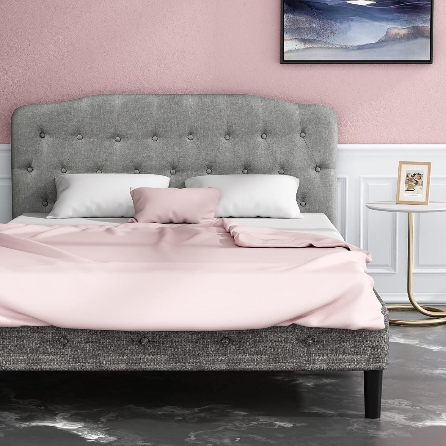 image:imageGiantex Upholstered Headboard Button Tufted Headboard Queen Size Adjustable Height from 38 to 53 Platform Easy Assembly Modern Fabric Furniture for Bedroom Light Grey