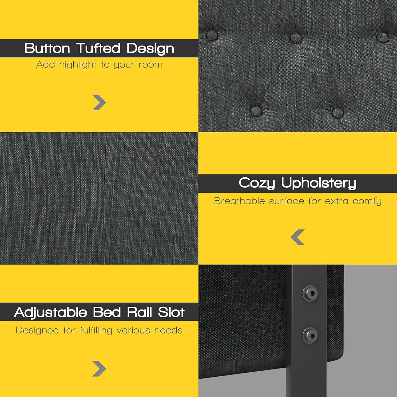 image:imageGiantex Upholstered Headboard Button Tufted Headboard Queen Size Adjustable Height from 38 to 53 Platform Easy Assembly Modern Fabric Furniture for Bedroom Dark Grey