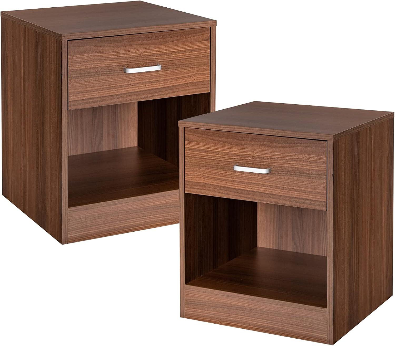image:imageGiantex Walnut Nightstand Farmhouse Bedside Table with Drawer and Open Storage Cabinet Wood Night Stand 2Tier Sofa Side Table for Bedroom Office WalnutWalnut