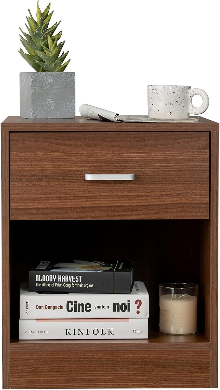 image:imageGiantex Walnut Nightstand Farmhouse Bedside Table with Drawer and Open Storage Cabinet Wood Night Stand 2Tier Sofa Side Table for Bedroom Office WalnutWalnut
