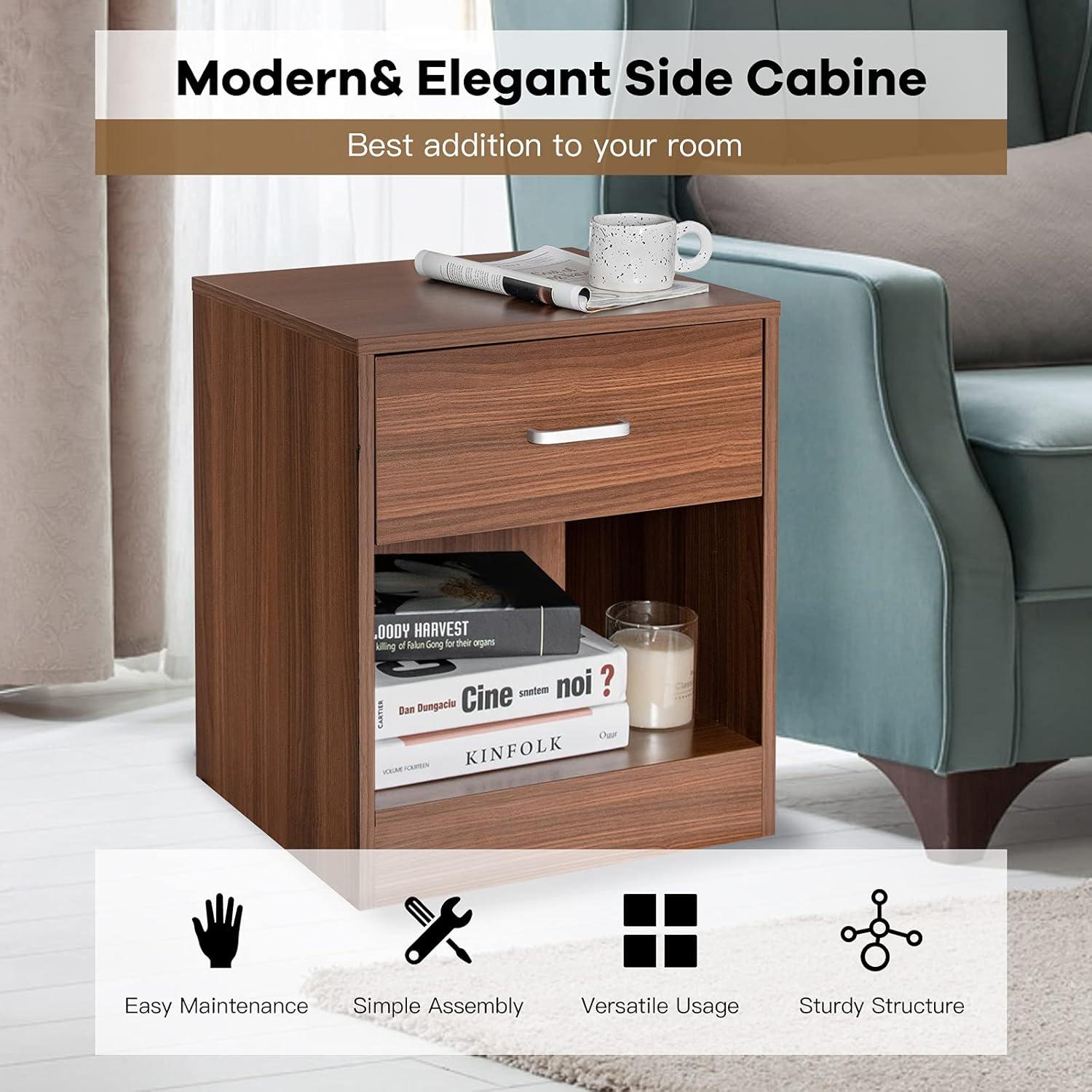 image:imageGiantex Walnut Nightstand Farmhouse Bedside Table with Drawer and Open Storage Cabinet Wood Night Stand 2Tier Sofa Side Table for Bedroom Office WalnutWalnut
