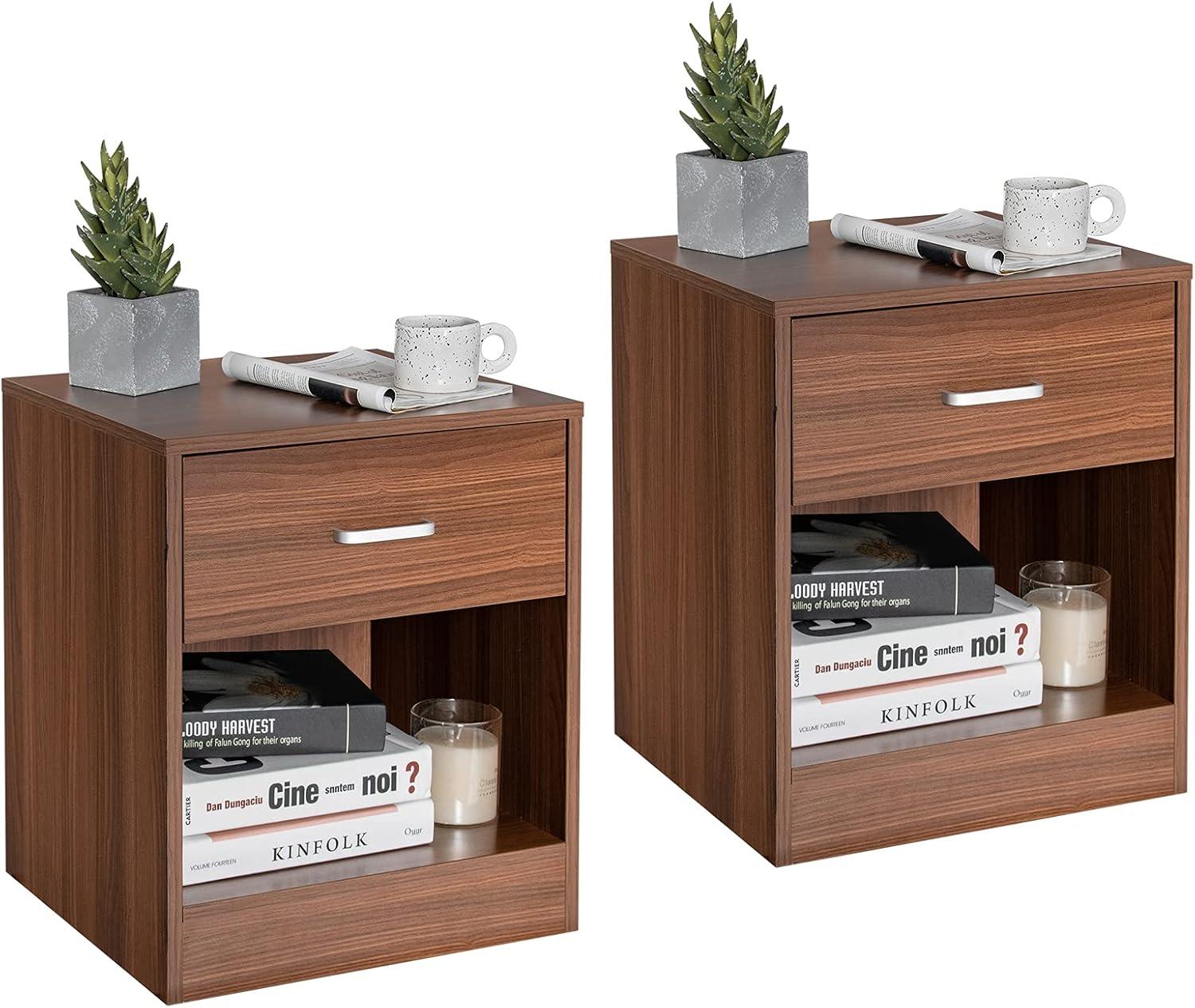 image:imageGiantex Walnut Nightstand Farmhouse Bedside Table with Drawer and Open Storage Cabinet Wood Night Stand 2Tier Sofa Side Table for Bedroom Office WalnutWalnut