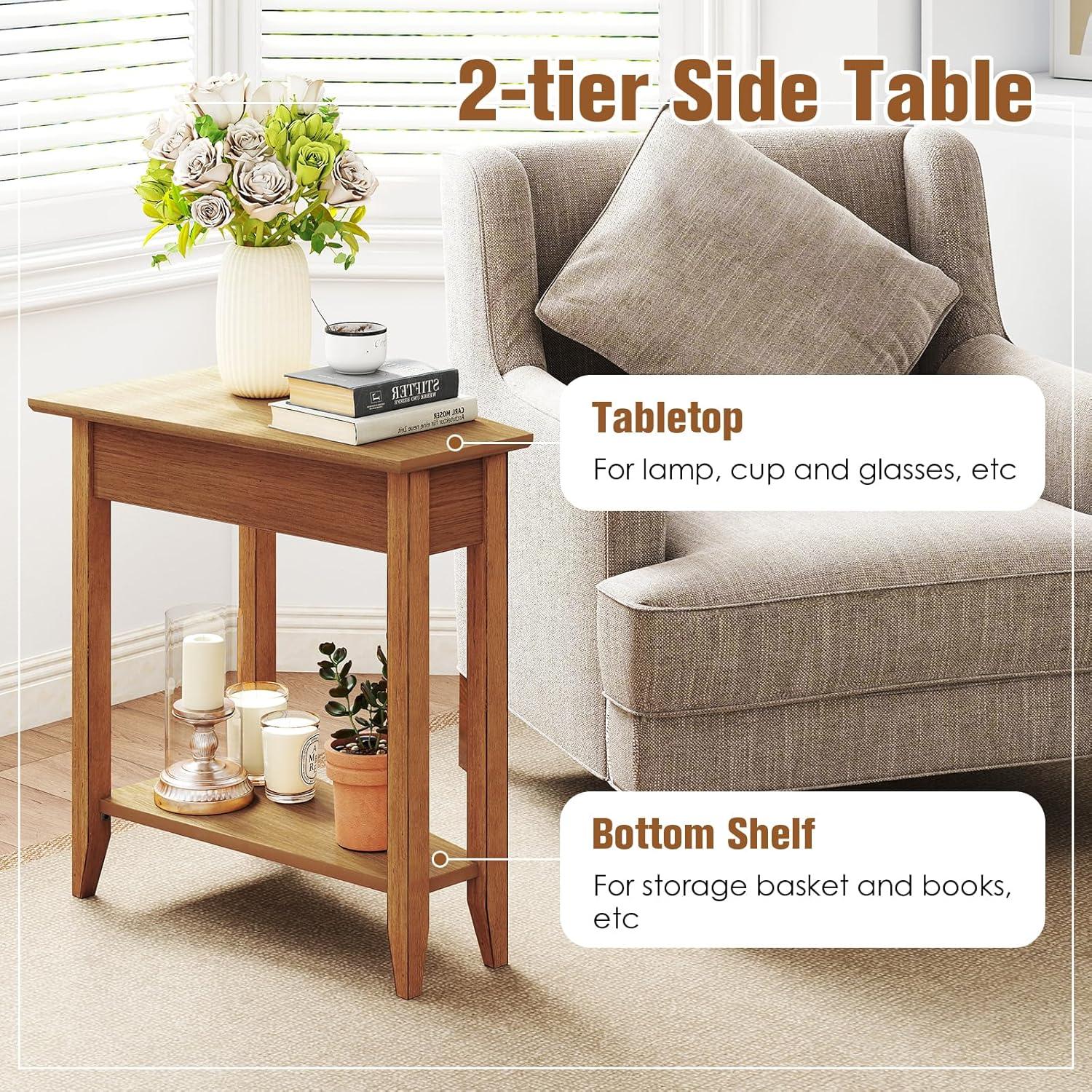 image:imageGiantex Wedge End Table White Triangle Side Table with Storage Shelf and Solid Wood Legs Recliner Table 245 Tall Nightstand Modern Narrow Accent Table for Small Space Living RoomWalnut