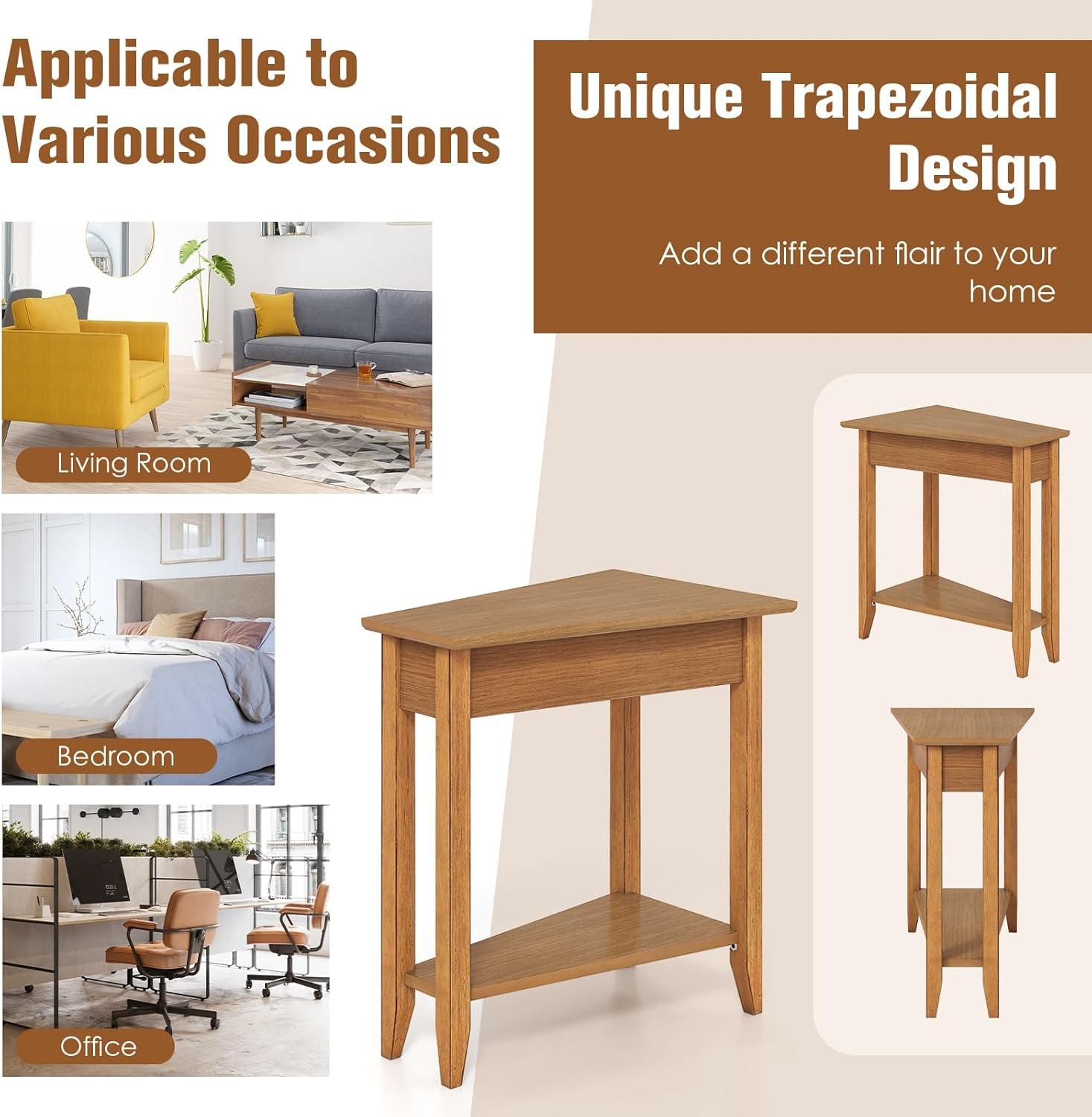 image:imageGiantex Wedge End Table White Triangle Side Table with Storage Shelf and Solid Wood Legs Recliner Table 245 Tall Nightstand Modern Narrow Accent Table for Small Space Living RoomWalnut
