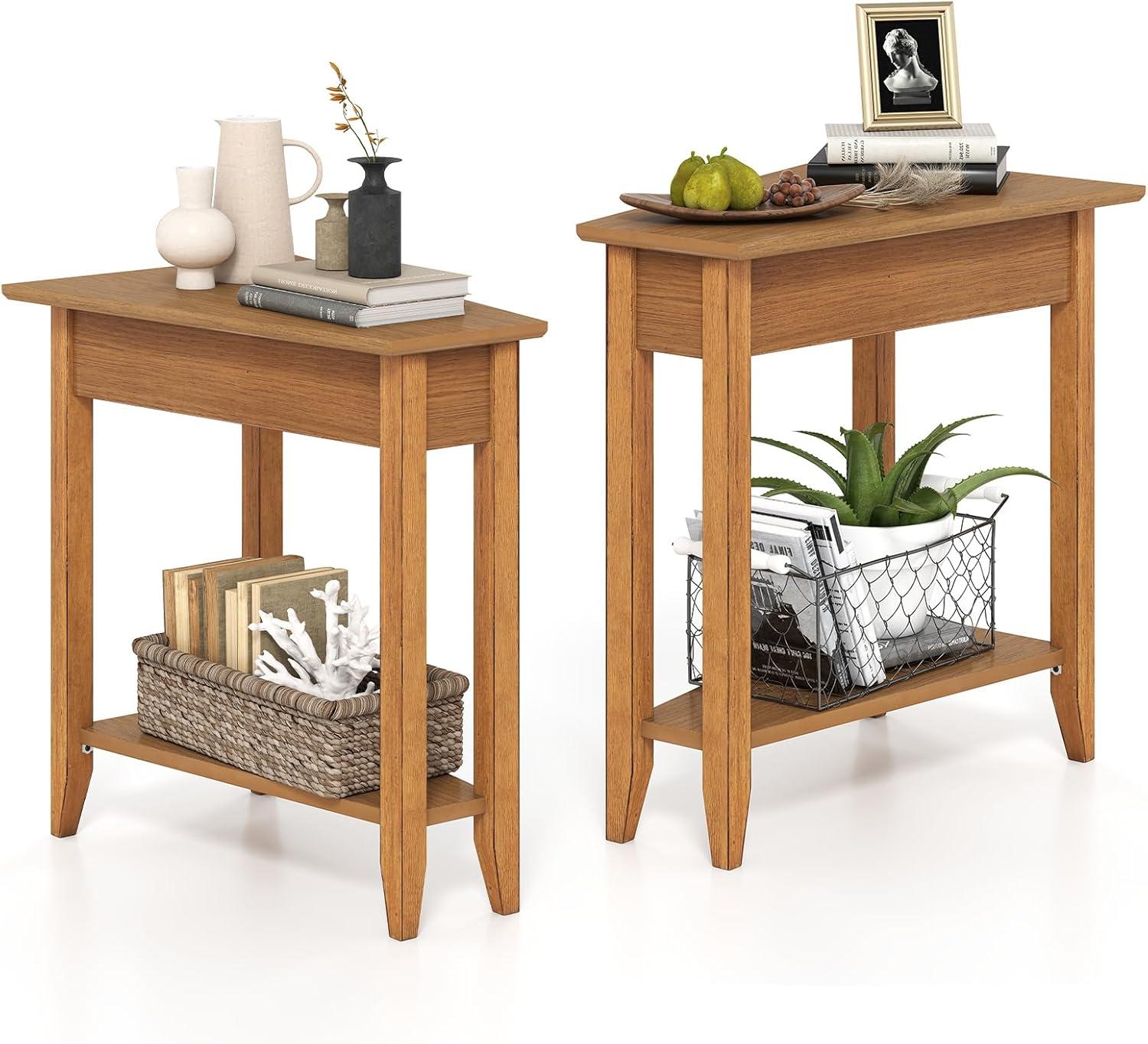 image:imageGiantex Wedge End Table White Triangle Side Table with Storage Shelf and Solid Wood Legs Recliner Table 245 Tall Nightstand Modern Narrow Accent Table for Small Space Living RoomWalnut